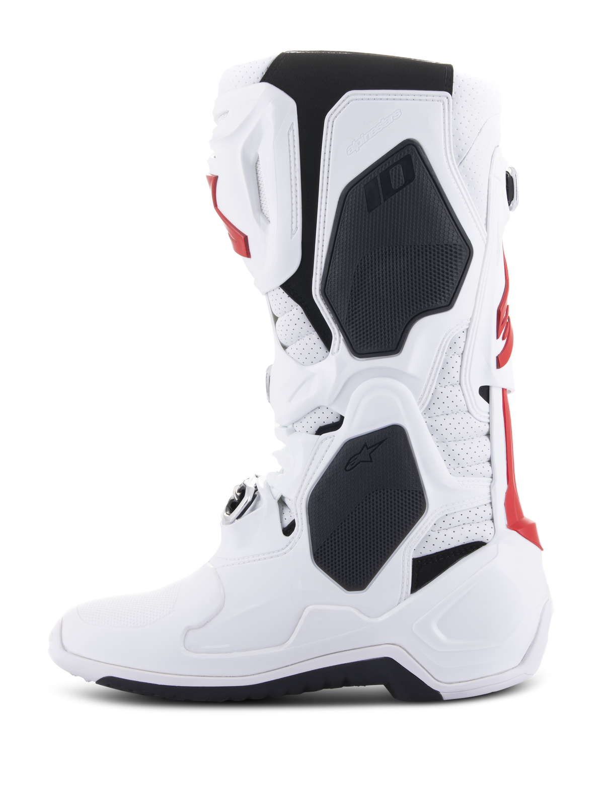 Alpinestars Tech 10 Supervented laarzen, motorcrosslaarzen, wit en felrood met zwarte accenten, zijaanzicht met de nadruk op de geventileerde constructie en beschermende TPU-schaal