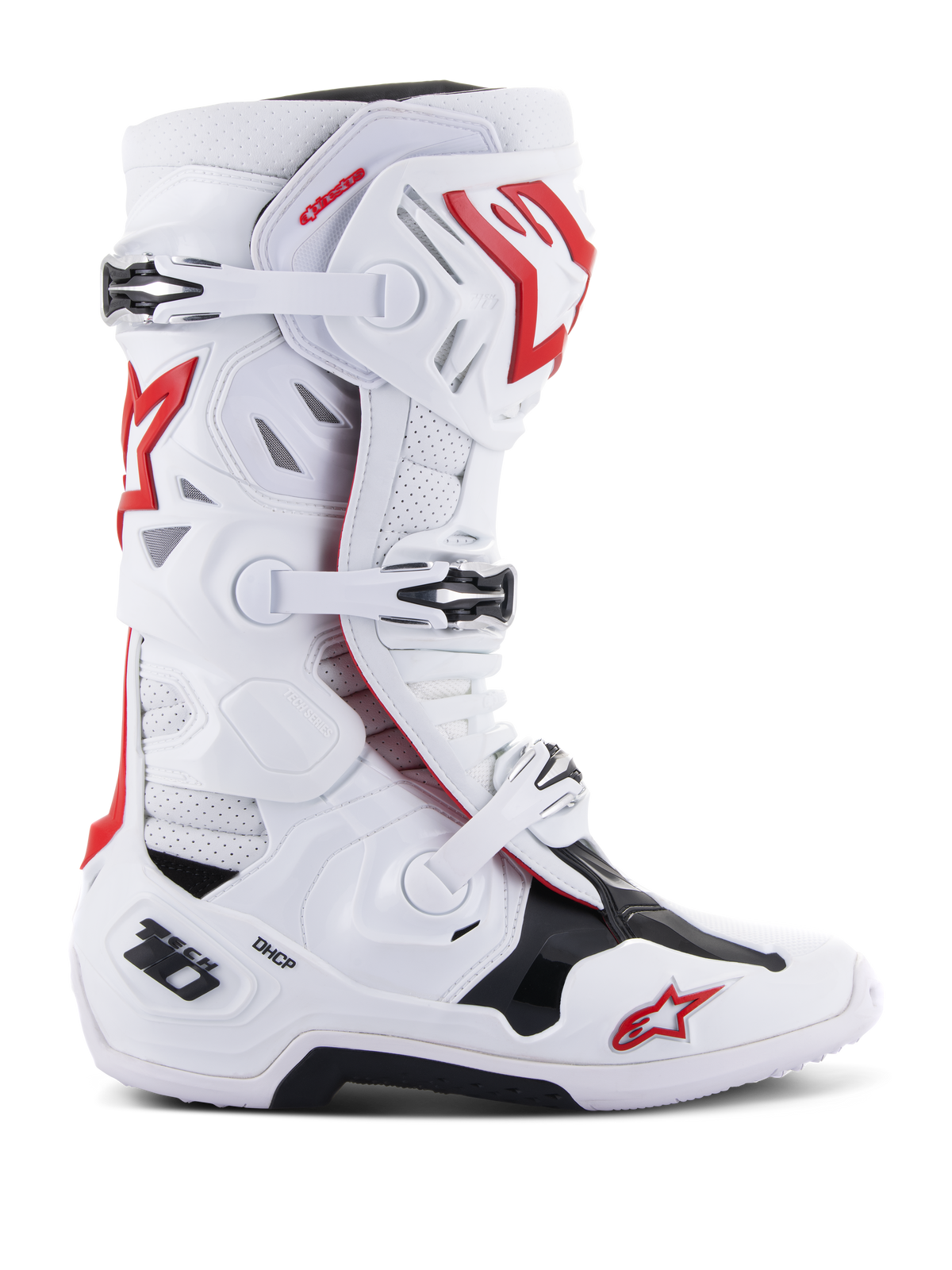 Alpinestars Tech 10 Supervented laarzen, motocross off-road racelaarzen, wit rood zwart, systeem met meerdere gespsluitingen, geperforeerde ventilatiepanelen, rood sterlogo, DHCP-technologie, versterkte beschermingspanelen, robuuste off-road zool