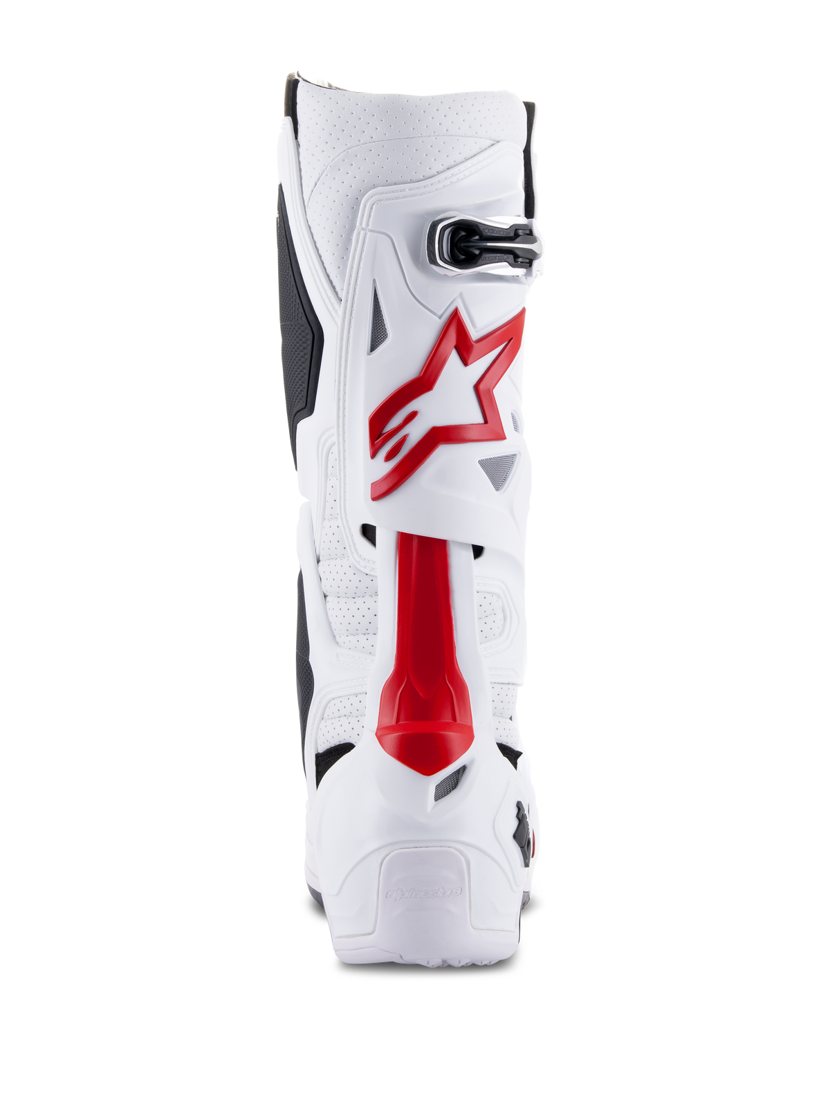 Alpinestars Tech 10 Supervented laarzen, motorcrosslaarzen, wit en felrood, achteraanzicht met geventileerde microvezel, rood sterlogo, versterkte TPU-schaal voor off-road prestaties