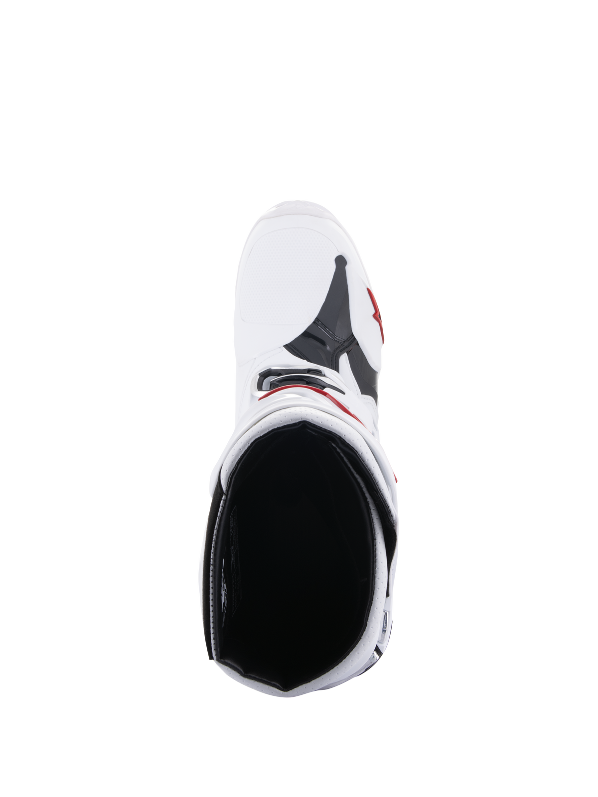 Alpinestars Tech 10 Supervented laarzen, motocrosslaarzen, wit en felrood, bovenaanzicht met zicht op de mesh binnenvoering en geventileerde bovenconstructie, hoogwaardige off-road race-uitrusting