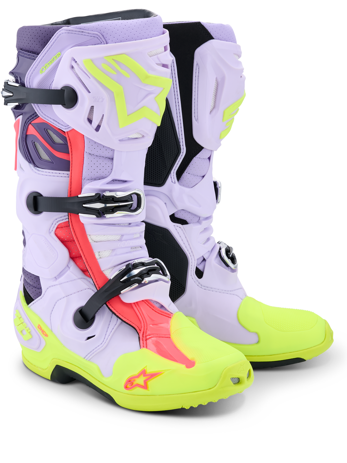 Alpinestars Tech 10 Supervented Stiefel, Motocross-Stiefel, Lila, Neongelb und Diva Pink, mit perforierter Mikrofaser-Konstruktion für maximale Belüftung, mechanischem Schnallenverschlusssystem, leuchtend neongelber Zehenpartie und Sohle sowie leuchtend pinken Akzenten.
