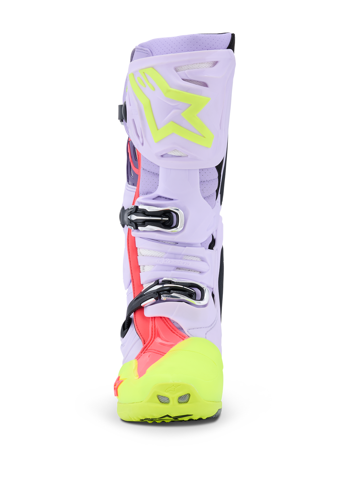 Alpinestars Tech 10 Supervented Stiefel, Motocross-Stiefel, Lila, Gelb Fluo und Diva Pink, Vorderansicht mit Fokus auf das Schnallensystem und die belüftete Schienbeinplatte, professionelles Offroad-Schuhwerk mit perforiertem Mikrofaser-Obermaterial