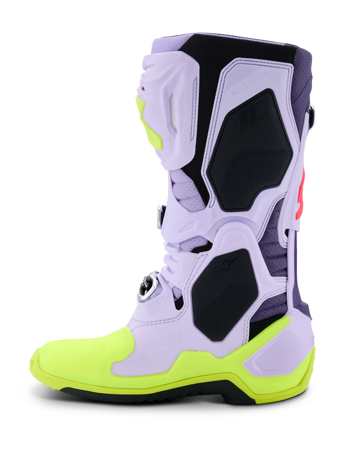 Alpinestars Tech 10 Supervented Stiefel, Motocross-Stiefel, Lila, Gelb Fluo und Diva Pink, Seitenprofil mit Obermaterial aus perforierter lavendelfarbener Mikrofaser, schwarzen TPU-Schutzpaneelen und neongelber Sohle, hochleistungsfähiges belüftetes Schuhwerk für den Offroad-Rennsport