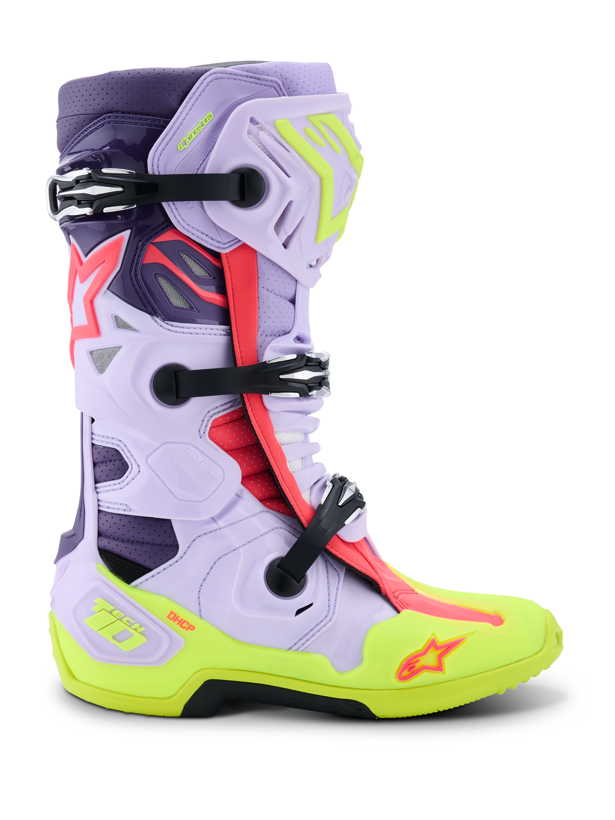 Alpinestars Tech 10 Supervented Stiefel, Motocross-Rennstiefel, Lila, Neongelb und Diva Pink, Seitenprofil mit verstellbaren schwarzen Schnallen, belüfteten Mikrofaser-Einsätzen, verstärkter neongelber Sohle und Hochleistungs-Schutzschale