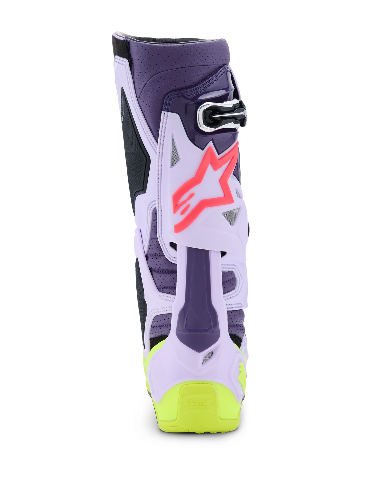 Alpinestars Tech 10 Supervented Stiefel, Rückansicht, Farbkombination Purple, Yellow Fluo und Diva Pink, belüftete TPU-Struktur, pinkfarbenes Stern-Logo, neongelbes Fersendetail, professionelles Motocross-Schuhwerk