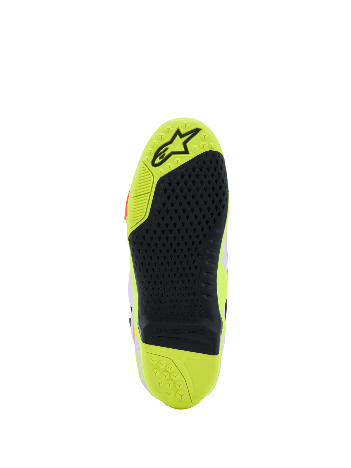 Alpinestars Tech 10 Supervented Stiefel, detaillierte Sohlenansicht, Gelb Fluo und Schwarz, mit Wabenmuster-Grip, austauschbarem zentralem Einsatz und strukturierter Oberfläche für optimalen Halt auf den Fußrasten