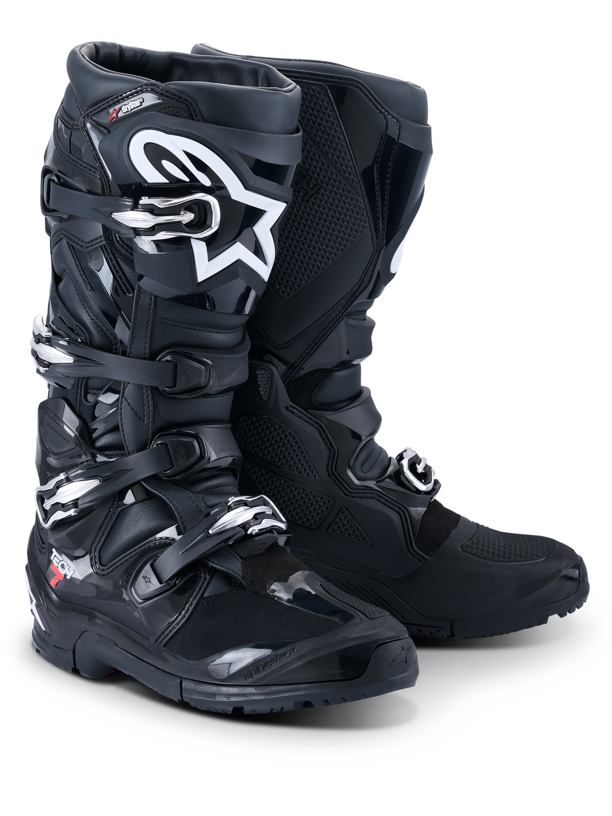 Alpinestars 2026 Tech 7 Enduro Drystar® laarzen, professionele motorcross- en enduro-laarzen, zwart, voorzien van een sluitsysteem met vier gespen, wit Astar-logo op het scheenbeen, robuuste TPU-beschermingspanelen en een gespecialiseerde zool voor off-road grip.