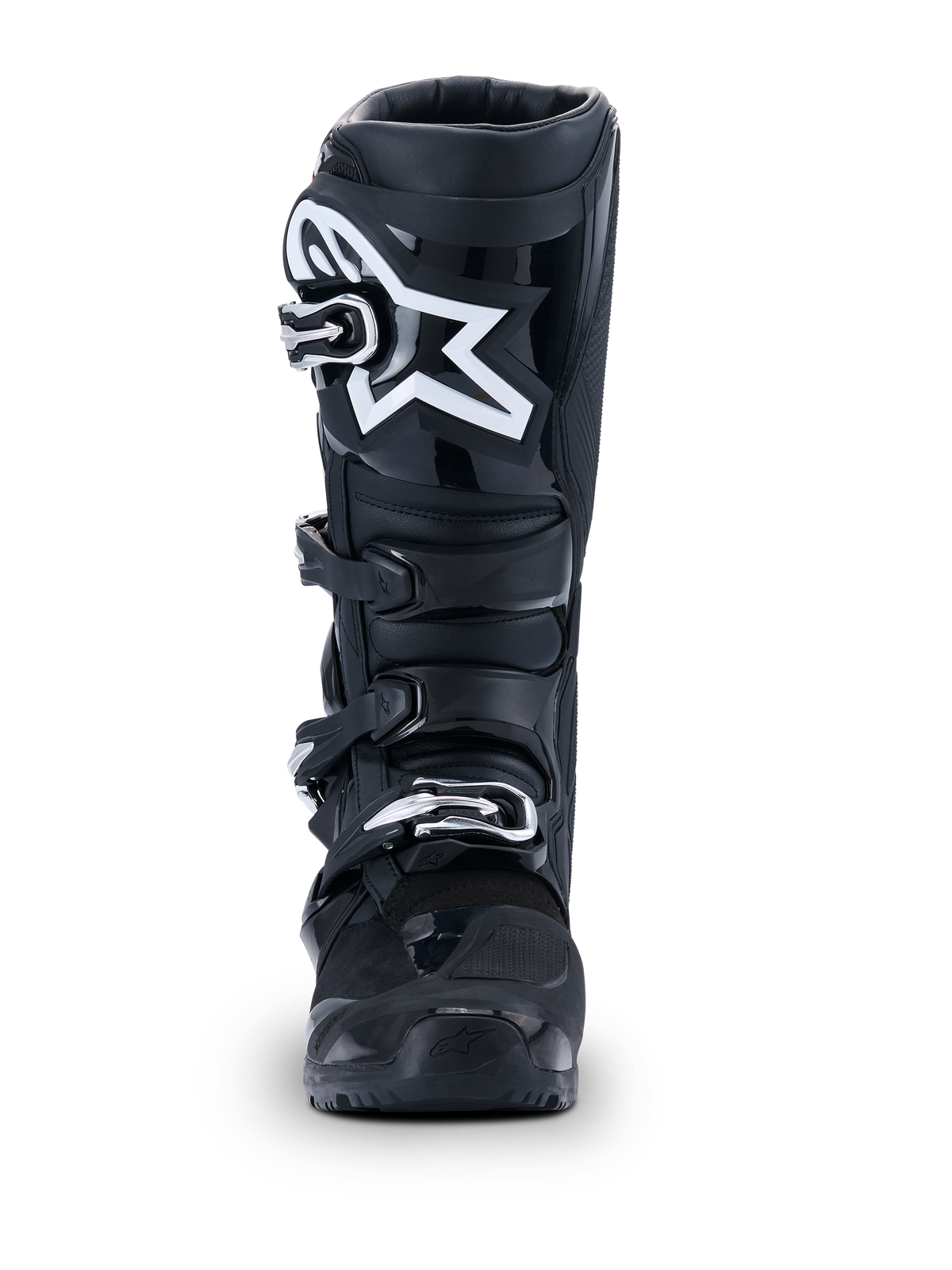 Alpinestars 2026 Tech 7 Enduro Drystar® laarzen, zwarte motorcrosslaarzen, vooraanzicht, met een duurzaam sluitsysteem met vier gespen en een opvallend wit sterlogo op het scheenbeen, ontworpen voor off-road- en enduro-prestaties.