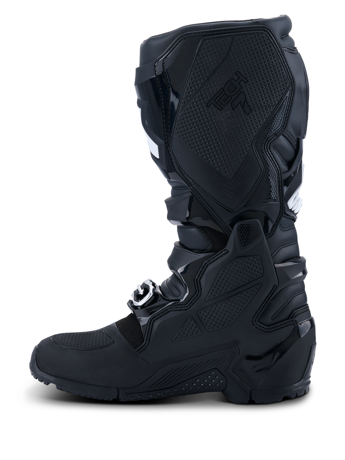 Alpinestars 2026 Tech 7 Enduro Drystar® laarzen, zwart, zijaanzicht van de binnenzijde met uitgebreide TPU-bescherming, dubbel scharniersysteem en gespecialiseerde getextureerde grippanelen voor motorcontrole, waterdichte constructie voor off-road- en enduroraces