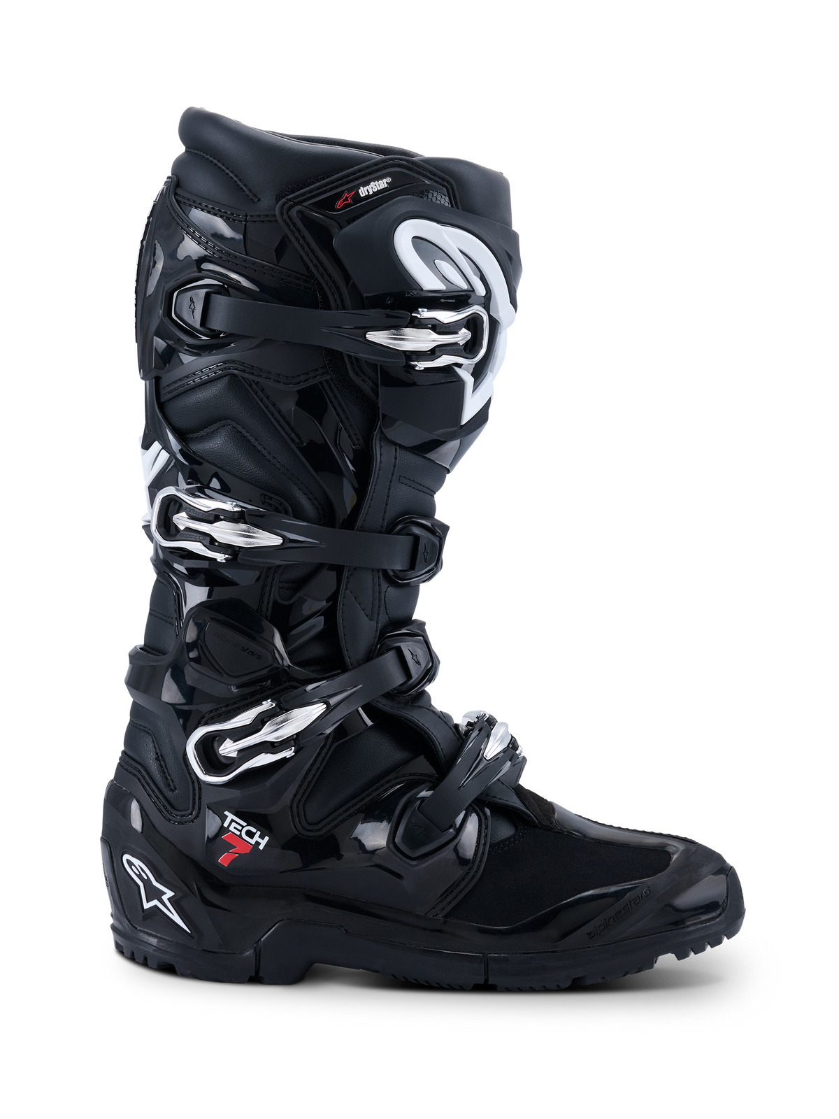 Alpinestars 2026 Tech 7 Enduro Drystar® Laarzen, zwarte off-road motorlaarzen, profielaanzicht met vier zilveren gespsluitingen, robuuste dual-compound enduro-zool en uitgebreide TPU-bescherming met matzwarte en glanzende zwarte afwerkingen.