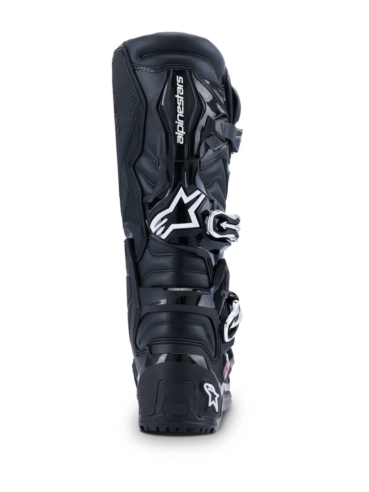 Alpinestars 2026 Tech 7 Enduro Drystar® laarzen, motorcrosslaarzen, zwart, achteraanzicht met wit Alpinestars-logo op de kuit, duurzame TPU-beschermingspanelen en robuuste constructie voor off-road en enduro rijden