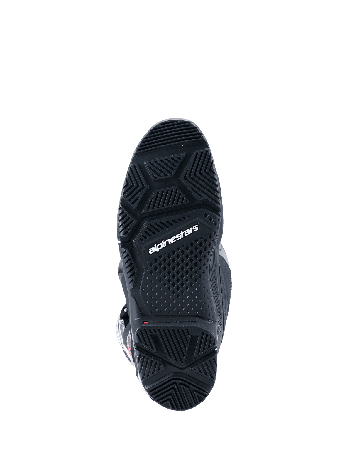 Alpinestars 2026 Tech 7 Enduro Drystar® laarzen, zwart, onderaanzicht van de gespecialiseerde dual-compound enduro-zool, voorzien van geometrische profielpatronen voor grip op elk terrein en wit Alpinestars-logo