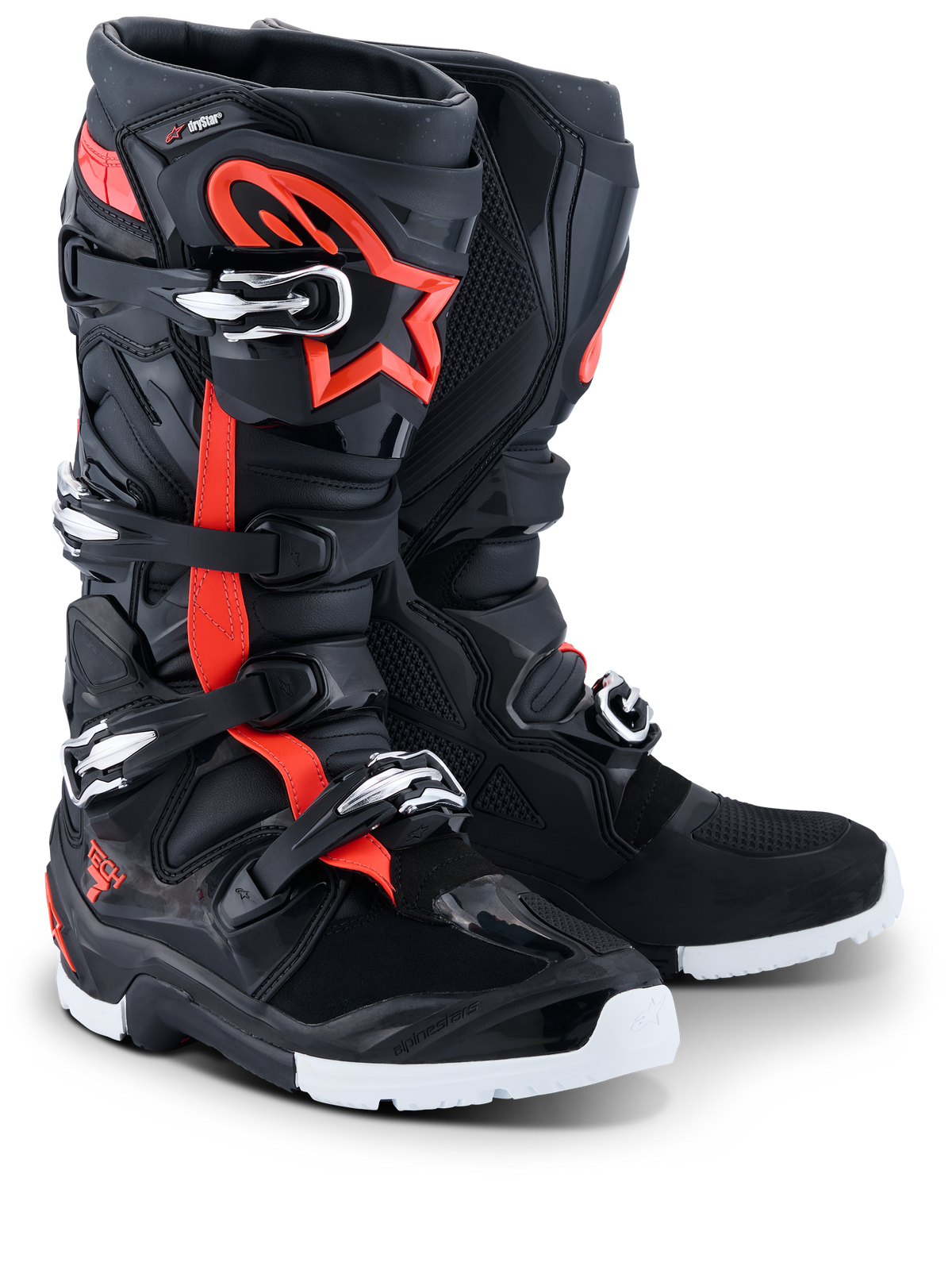 Bottes Alpinestars Tech 7 Enduro Drystar® 2026, bottes de motocross enduro, noir, rouge fluo et blanc, avec des accents rouge fluo et le logo étoile, plusieurs fermetures à boucles et des semelles blanches robustes pour la performance tout-terrain