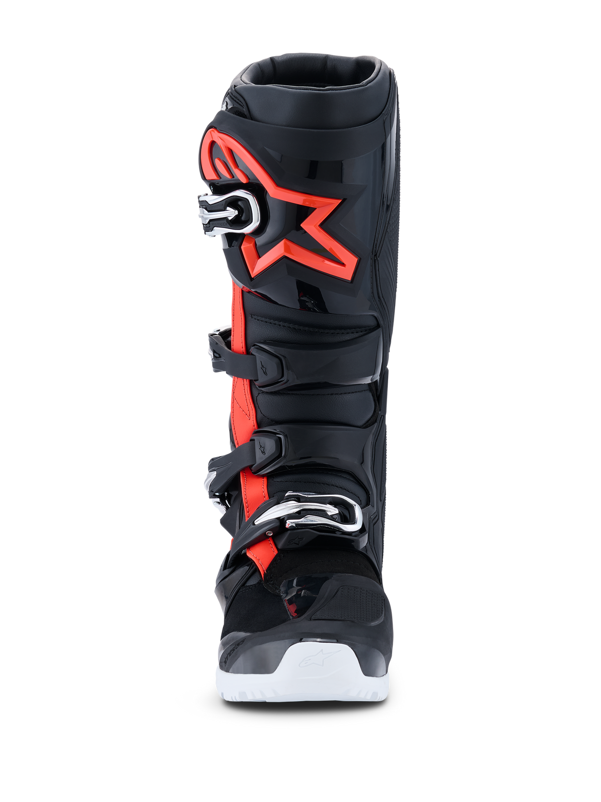Bottes Alpinestars Tech 7 Enduro Drystar® 2026, bottes de motocross et d'enduro, noir, rouge fluo et blanc, vue de face, dotées d'un système de fermeture à quatre boucles, d'une plaque tibiale renforcée en TPU avec un grand logo Alpinestars rouge et d'une semelle extérieure blanche, conçues pour des performances tout-terrain imperméables.