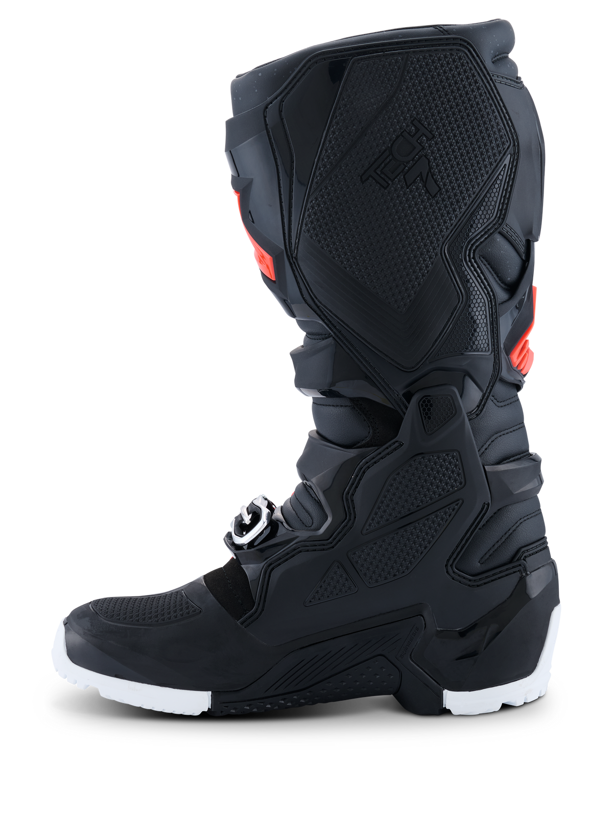 Bottes Alpinestars Tech 7 Enduro Drystar® 2026, bottes de motocross enduro, noir avec accents rouge fluo et blanc, vue de profil mettant en évidence le panneau de grip médial en TPU avec sculpture en nid d'abeille et la semelle blanche, construction imperméable durable pour des performances tout-terrain