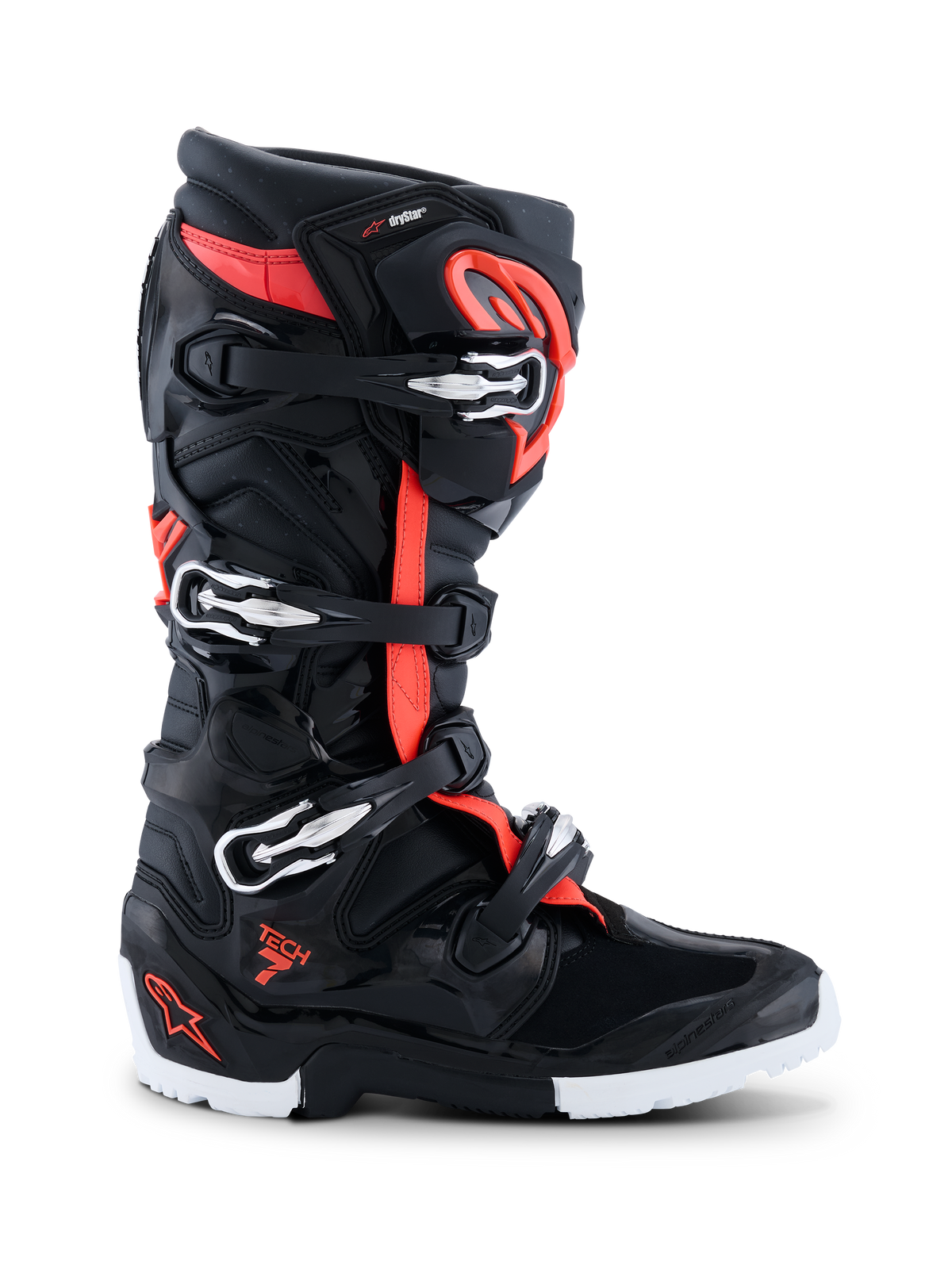 Bottes Alpinestars Tech 7 Enduro Drystar® 2026, chaussures de motocross et d'enduro, noir, rouge fluo et blanc, profil latéral montrant quatre boucles argentées et noires, coque renforcée en TPU, semelle enduro robuste blanche et noire, avec logos Drystar et Tech 7