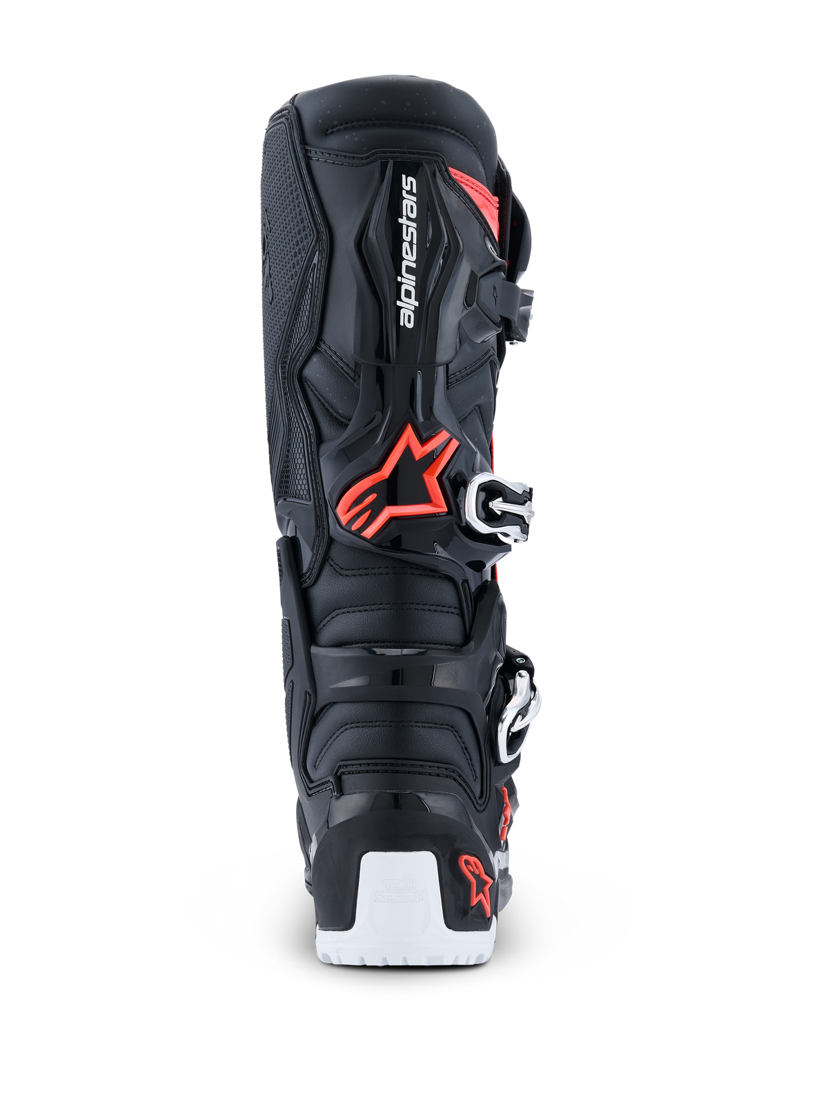 Bottes Alpinestars Tech 7 Enduro Drystar® 2026, bottes de motocross enduro, noir, rouge fluo et blanc, vue arrière mettant en évidence la coque de protection en TPU, le logo Alpinestars, la zone de pivot biomécanique et le renfort blanc de la semelle inférieure.