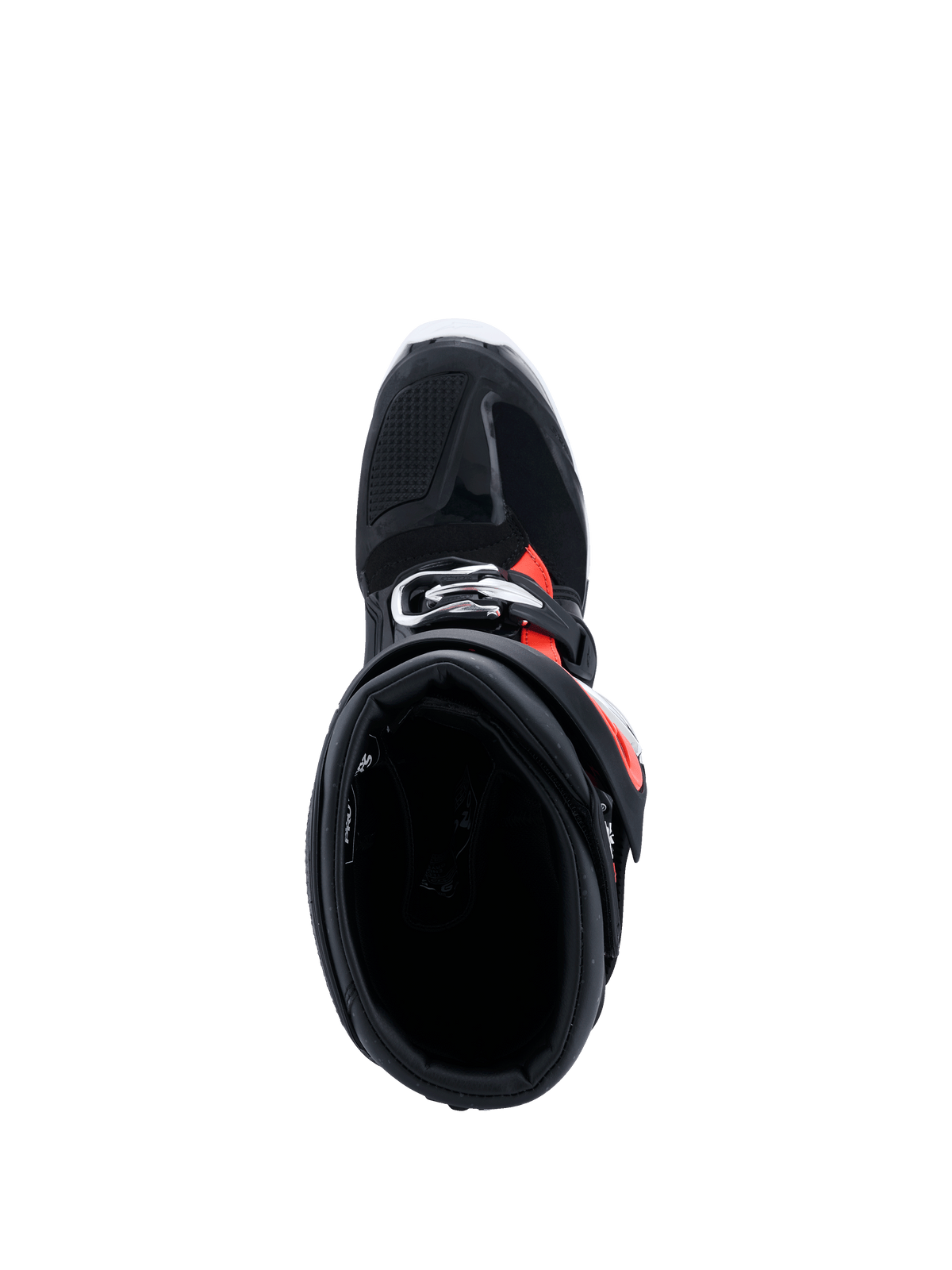 Bottes Alpinestars Tech 7 Enduro Drystar® 2026, Noir Rouge Fluo Blanc, vue de dessus de l'intérieur de la botte, montrant la large ouverture et le rembourrage, chaussures de protection enduro pour le tout-terrain