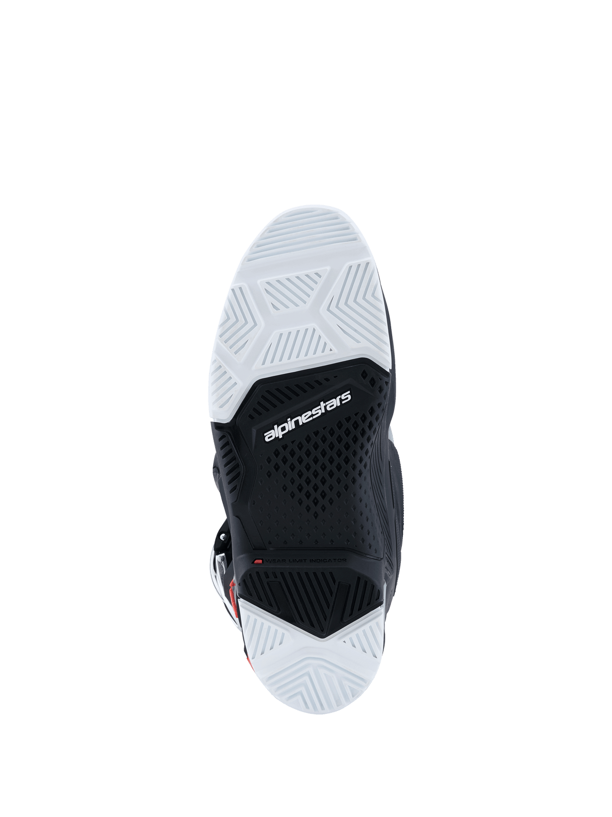 Bottes Alpinestars Tech 7 Enduro Drystar® 2026, vue de la semelle extérieure, composé de caoutchouc double densité noir et blanc, motifs d'adhérence géométriques texturés, logo Alpinestars et indicateur de limite d'usure, conçues pour la traction tout-terrain et l'enduro