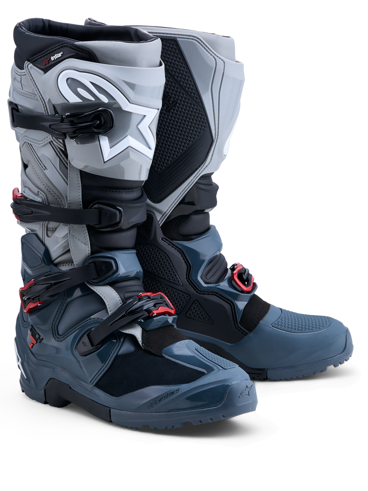Alpinestars Tech 7 Enduro Drystar motorlaarzen, waterdichte off-road herenlaarzen in grijs en rood met CE-enkelbescherming.