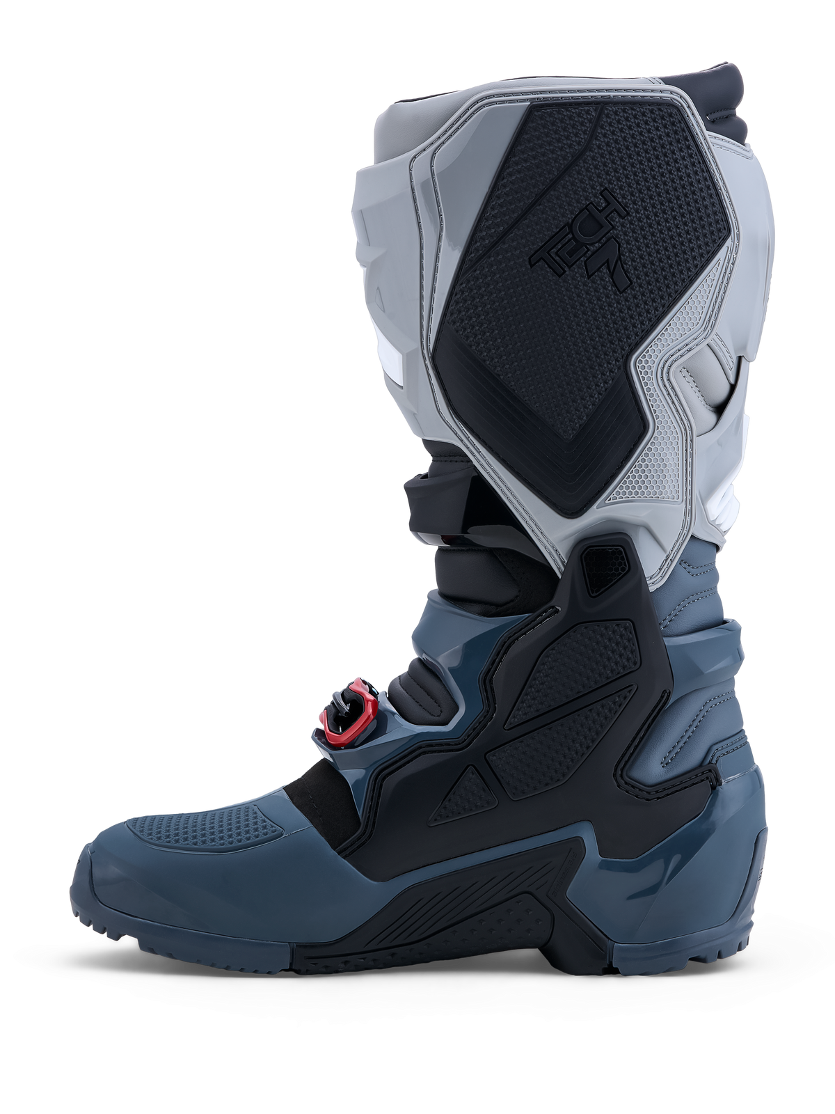 Alpinestars Tech 7 Enduro Drystar laarzen, waterdichte grijze off-road motorlaarzen met rode gespen, CE-gecertificeerd.
