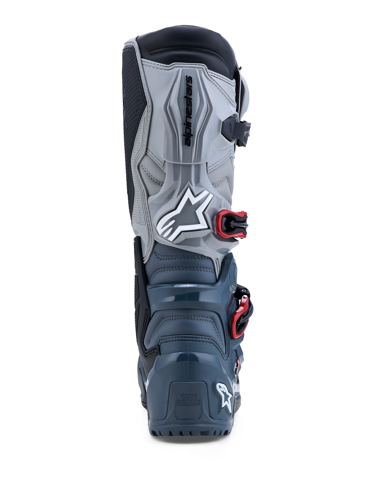 Alpinestars Tech 7 Enduro Drystar laarzen, donkergrijze waterdichte off-road motorlaarzen, rode details, achteraanzicht.