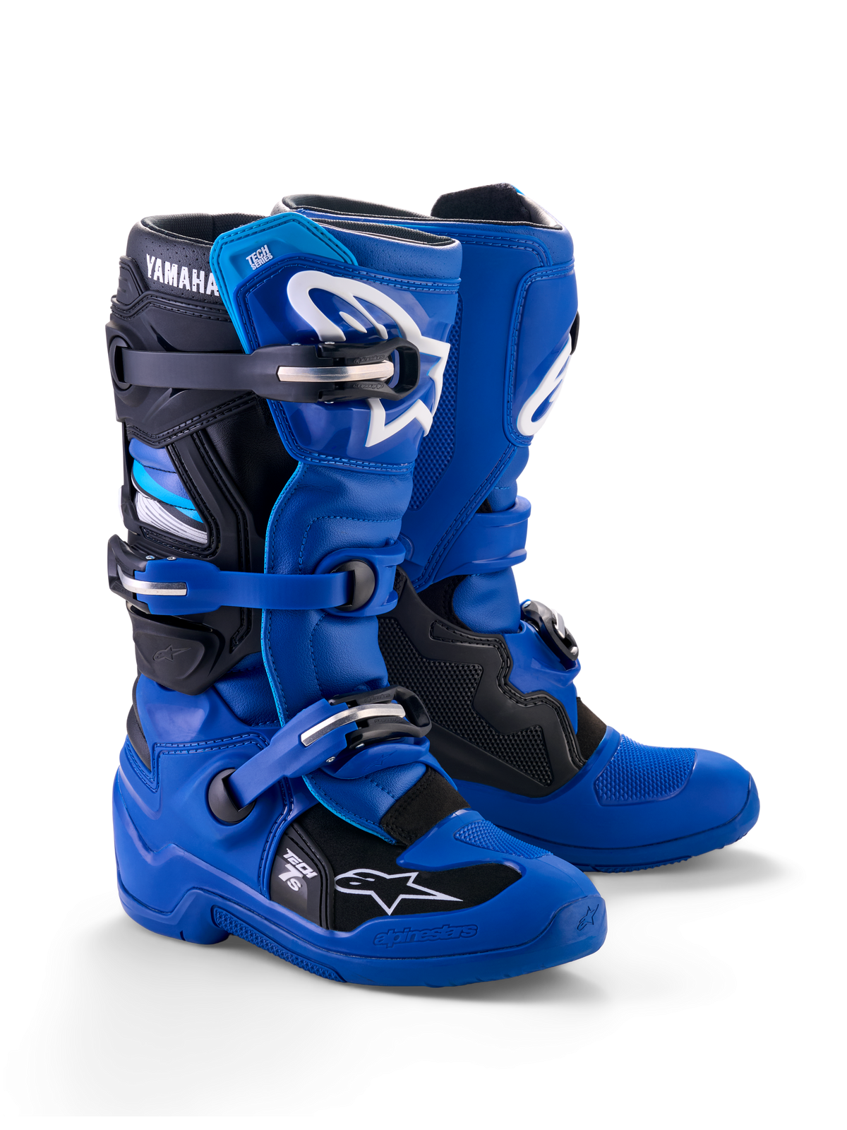 Bottes Alpinestars Yamaha Tech 7S Junior, bottes de motocross, bleu, noir et blanc, dotées d'un système de fermeture à boucles multiples, d'une coque de protection en TPU et de logos Alpinestars blancs avec marquage Yamaha sur le haut
