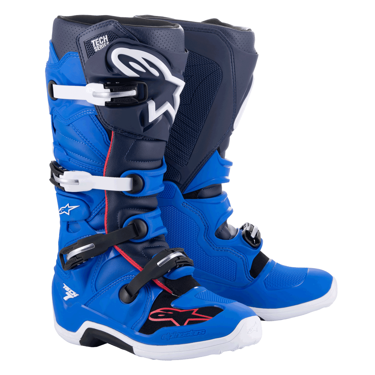 Alpinestars Tech 7 Stiefel, Motocross-Stiefel, Alpine Blue, Night Navy und Bright Red, mit weißen und schwarzen Aluminiumschnallen, großem weißem Stern-Logo auf dem Schienbein und strapazierfähigen weißen Sohlen, Schutzausrüstung für den Offroad-Rennsport