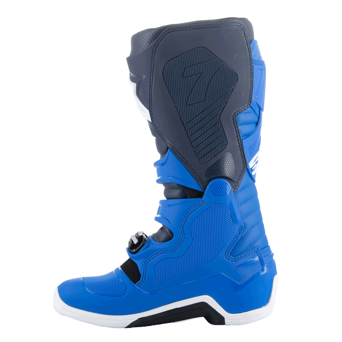 Alpinestars Tech 7 Stiefel, Motocross-Stiefel, Alpine Blue, Night Navy und Bright Red, mediale Seitenansicht mit schützenden TPU-Paneelen und verstärkter Konstruktion für den Offroad-Rennsport