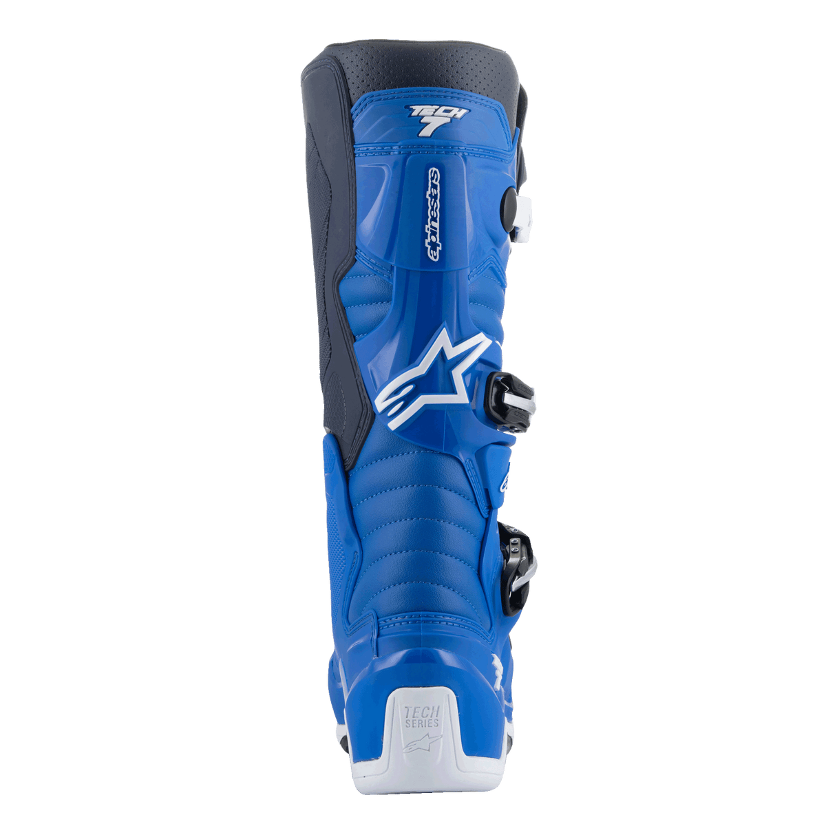 Alpinestars Tech 7 Stiefel, Motocross-Stiefel, Alpine Blue und Night Navy mit weißen Akzenten, Rückansicht mit konturiertem Wadenprotektor, weißer Fersenverstärkung mit Tech Series-Logo und Details des seitlichen Schnallenverschlusssystems.