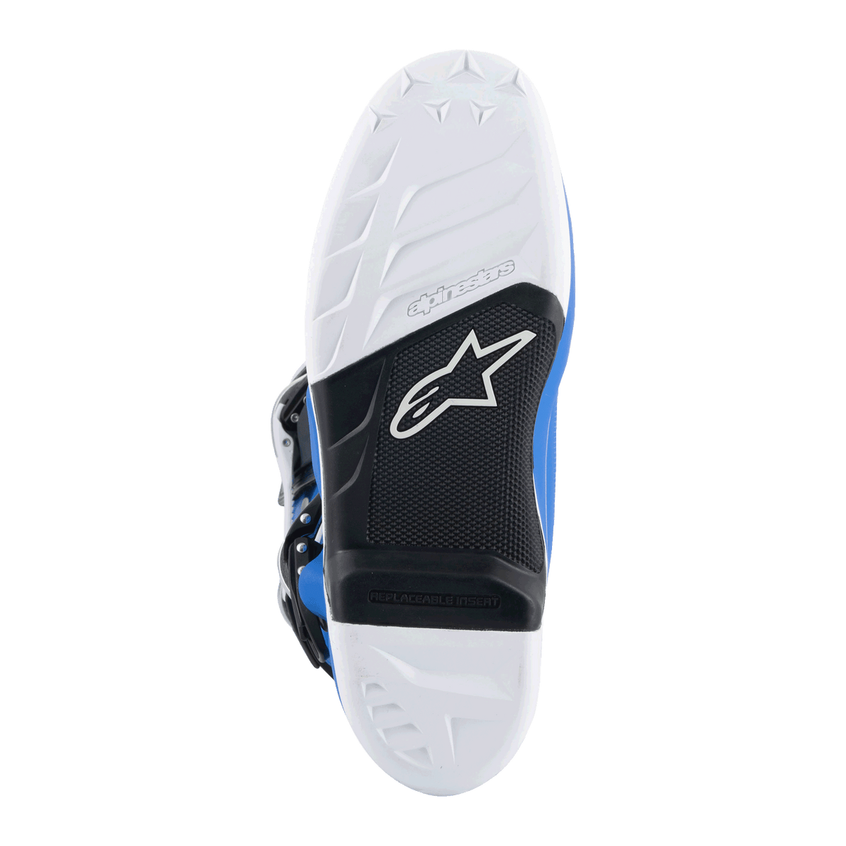 Alpinestars Tech 7 Stiefel, Motocross-Stiefel, Alpin-Blau und Weiß, Unteransicht der Sohle mit weißem Profilmuster, schwarzer Mittelfußbereich mit austauschbarem Fußrasteneinsatz und Alpinestars-Logo, strapazierfähige Gummimischung für Offroad-Rennsport
