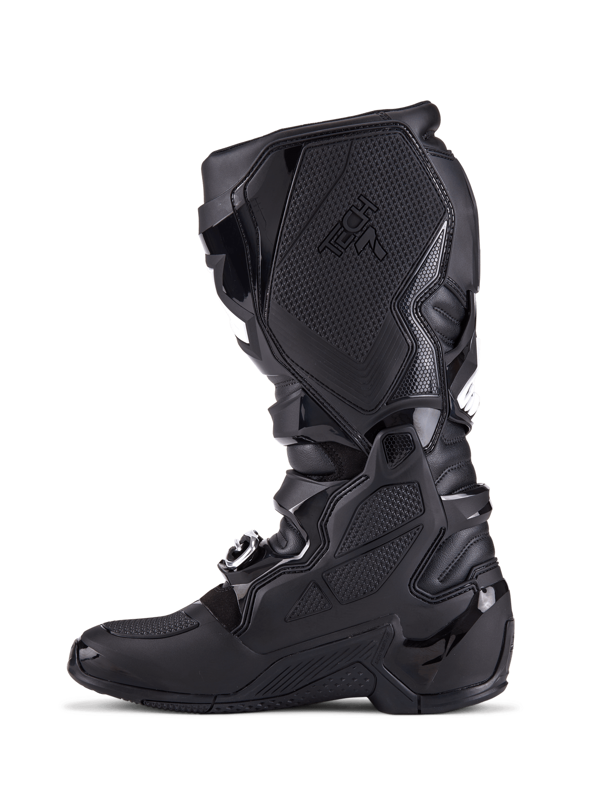 Alpinestars Tech 7 laarzen, motorcrosslaarzen, volledig zwart, zijaanzicht met TPU-beschermingsplaten, gespsluitingssysteem en getextureerde grippanelen, professioneel off-road schoeisel