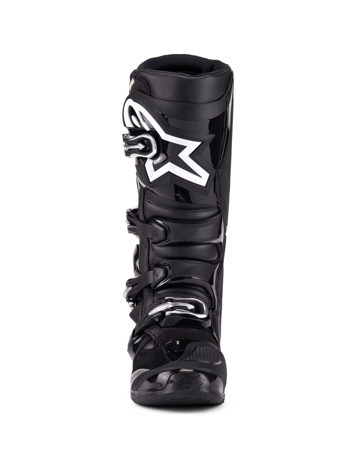 Alpinestars Tech 7 laarzen, motorcrosslaarzen, zwart, vooraanzicht met sluitingssysteem met vier gespen, opvallend wit Alpinestars sterlogo op de scheenplaat, duurzame TPU-schaal en versterkte bescherming voor off-road racen.