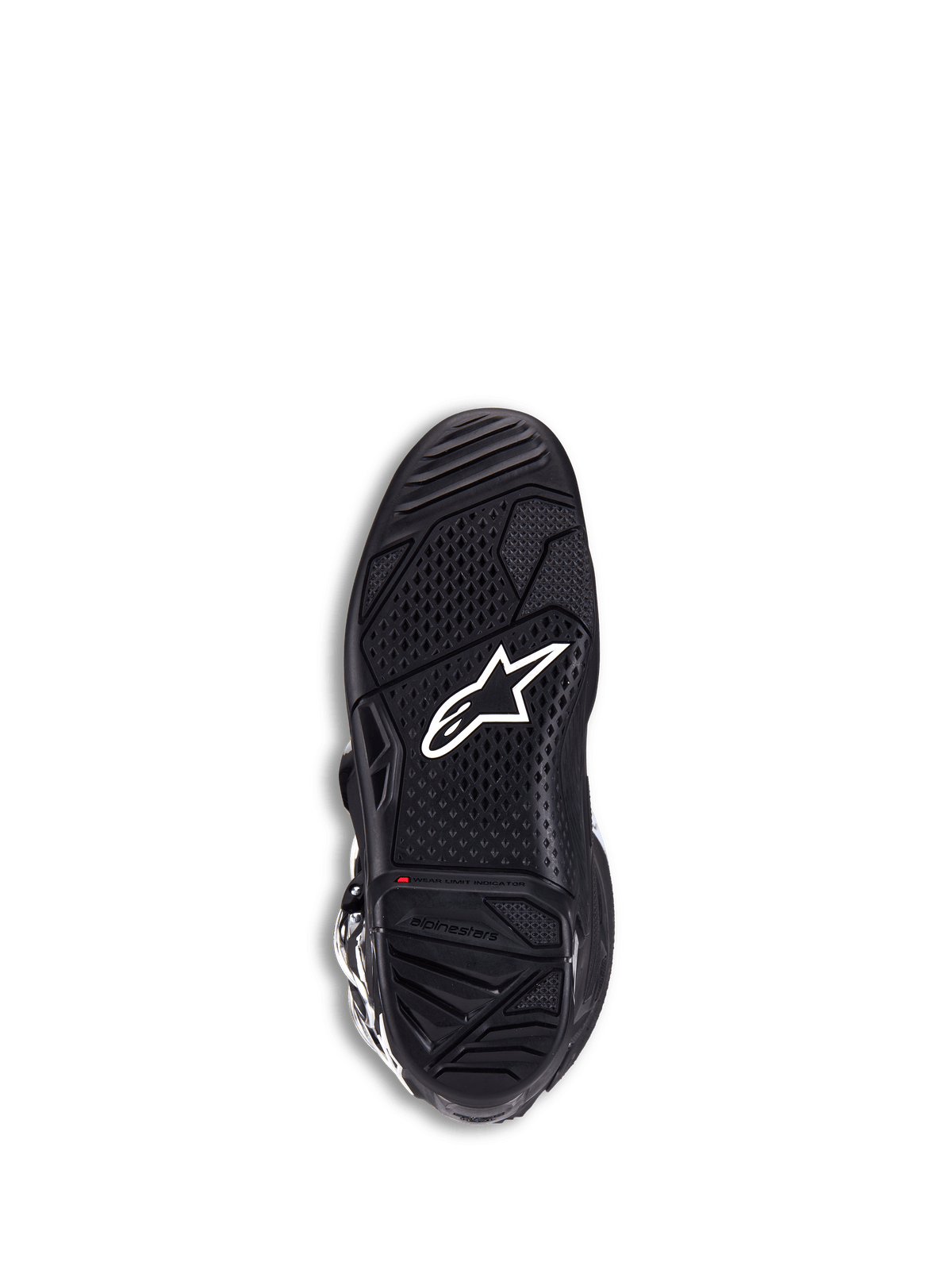 Alpinestars Tech 7 Laarzen, motorcrosslaarzen, zwart, onderaanzicht van de zool met wit sterlogo, getextureerd dual-compound rubber voor maximale grip, rode slijtage-indicator
