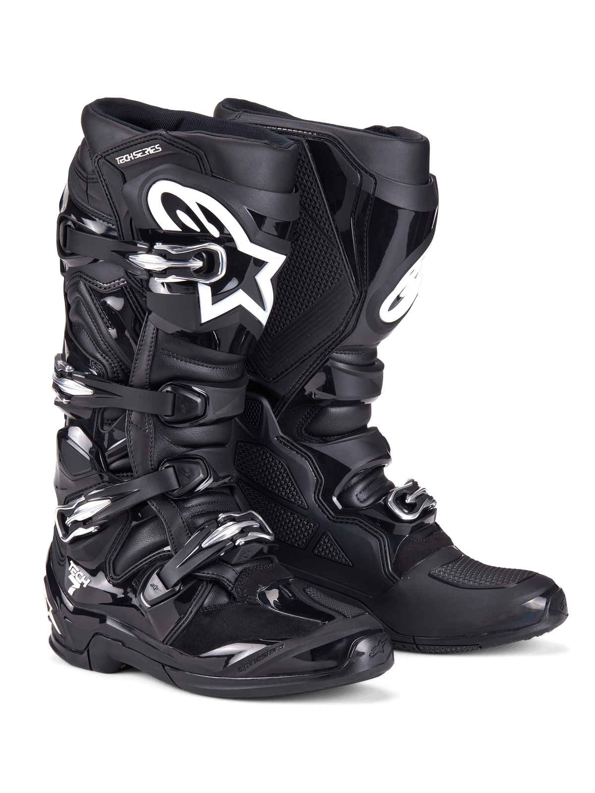 Alpinestars Tech 7 laarzen, motorcrosslaarzen, zwart, robuuste constructie met een sluitsysteem met vier gespen, TPU-beschermingspanelen en een wit Alpinestars-logo op het scheenbeen, professioneel off-road schoeisel voor motorcross