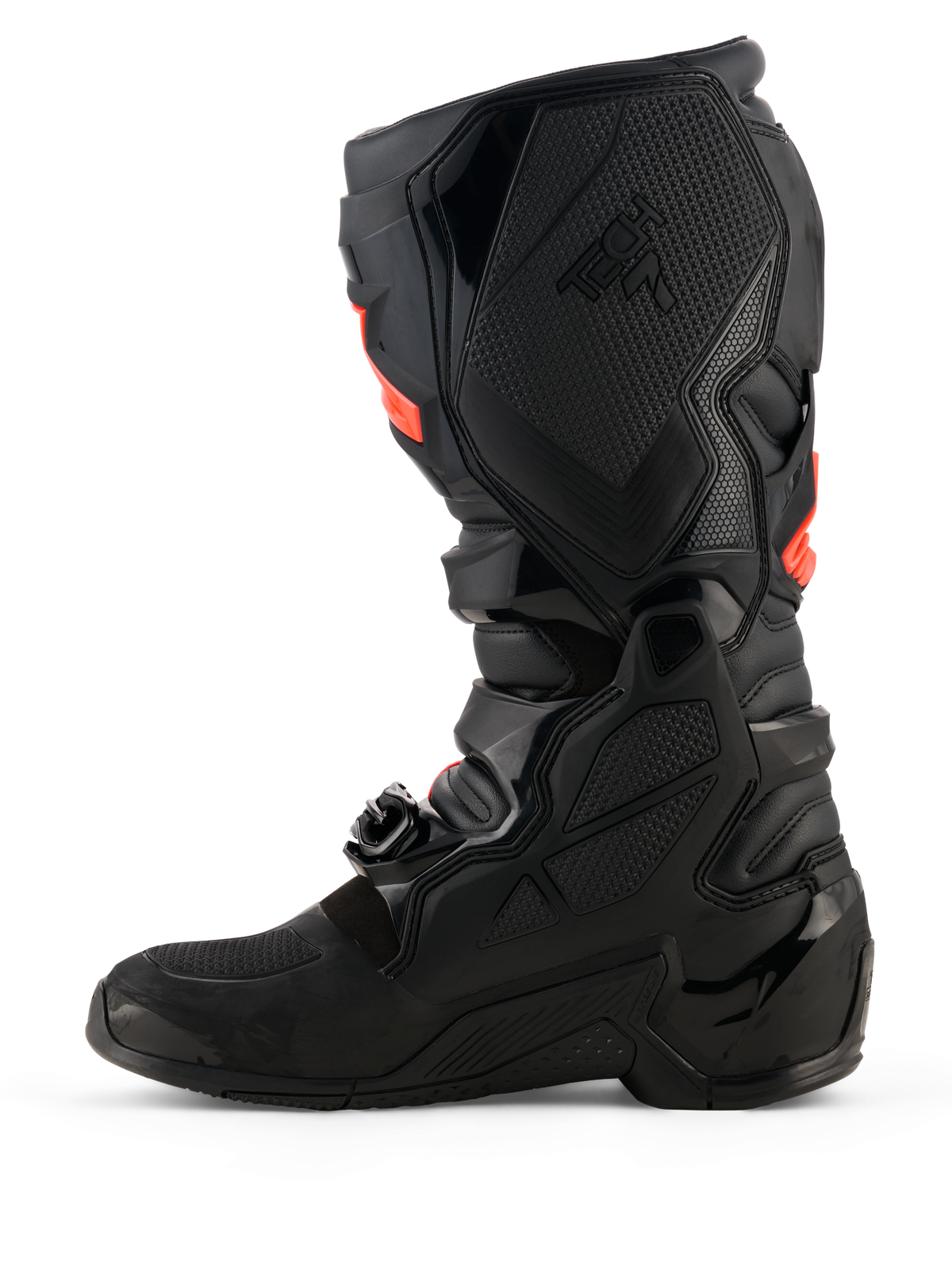 Alpinestars Tech 7 Stiefel, Motocross-Stiefel, Schwarz mit Red Fluo Akzenten, mediale Seitenansicht mit TPU-Schutzschalen, Schnallensystem und texturierten Grip-Einsätzen für Offroad-Performance