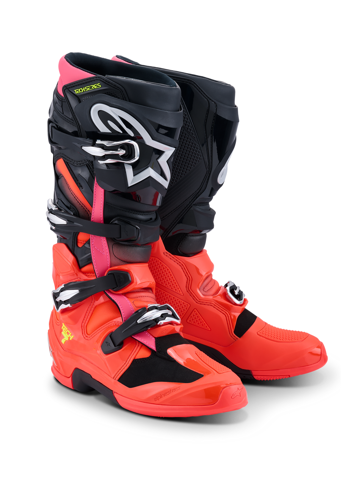 Alpinestars Tech 7 Laarzen, motorcrosslaarzen, zwart, fluo rood en fluo roze, met snelsluitingen, dubbel scharniersysteem en TPU beschermende schaal, duurzame prestatiegerichte uitrusting voor off-road rijden
