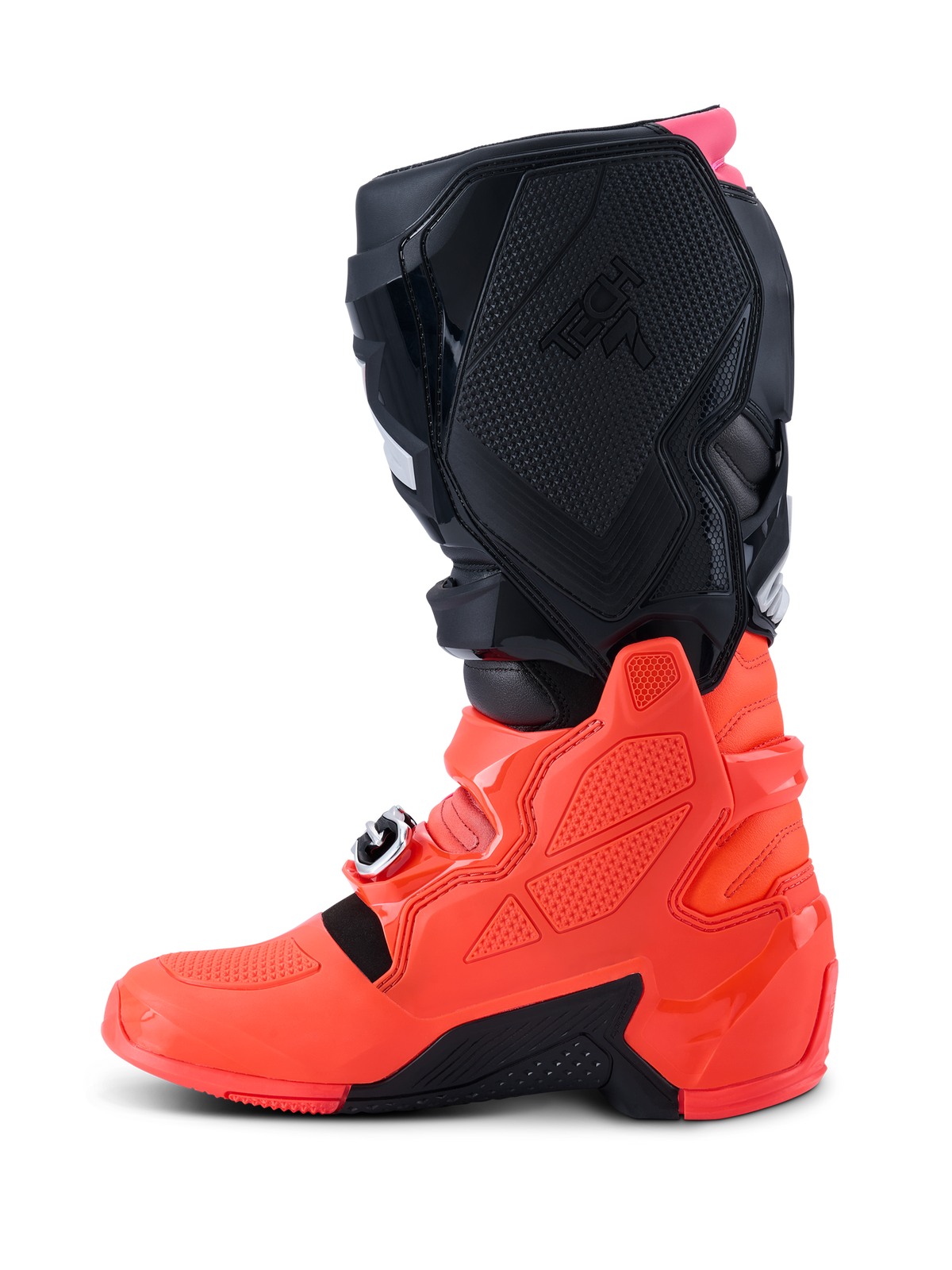 Alpinestars Tech 7 Laarzen, motorcrosslaarzen, zwart, fluo rood en fluo roze, zijaanzicht met nadruk op de TPU-onderkant, het gespsluitingsysteem en de getextureerde beschermingspanelen voor off-road prestaties