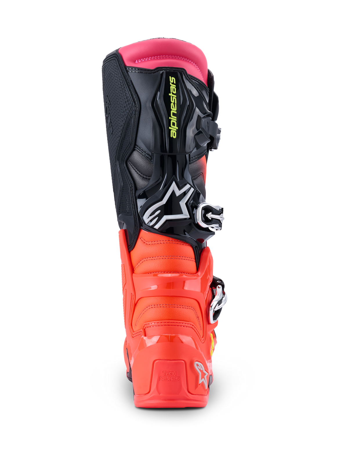 Alpinestars Tech 7 laarzen, motorcrosslaarzen, zwart, fluo rood en fluo roze, achteraanzicht met versterkte TPU-hiel, bovenwerk van verschillende materialen en roze gaiter aan de bovenkant.