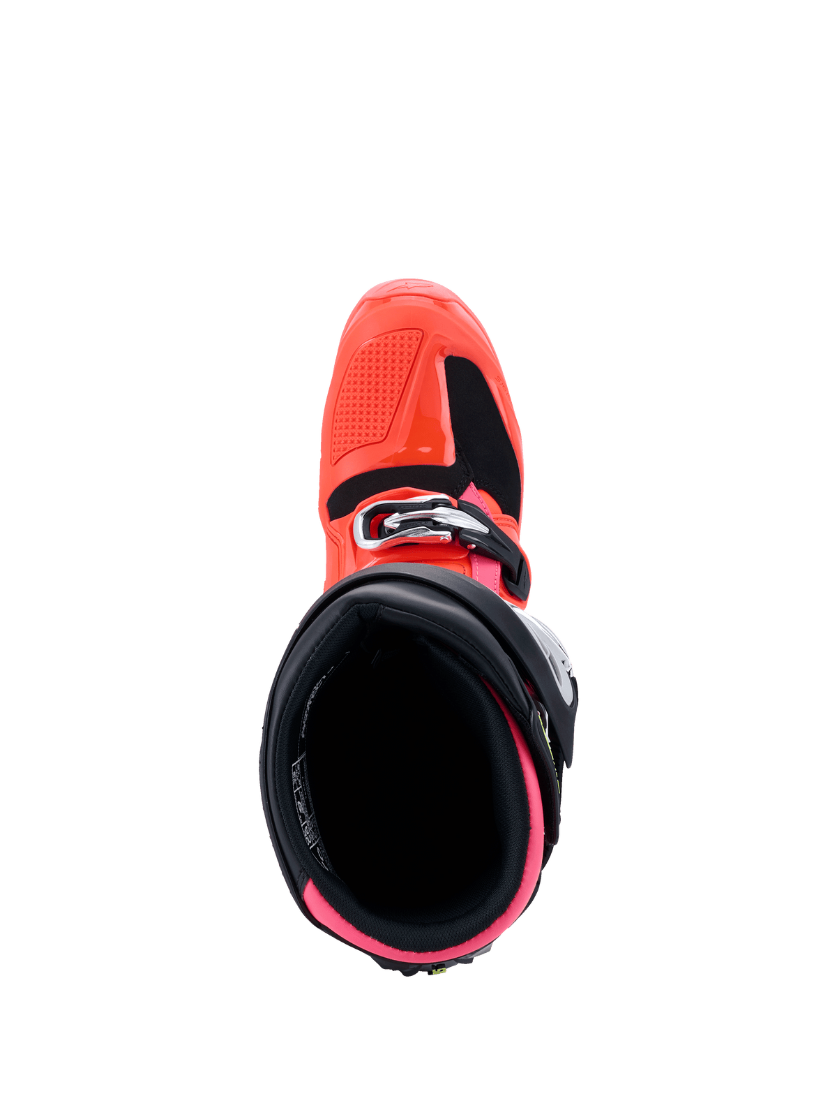 Alpinestars Tech 7 Laarzen, MX26 Collectie, motorcrosslaarzen, zwart rood fluo en roze fluo, bovenaanzicht met blik in de binnenopening, voorzien van een felroze voering en rood fluo buitenschaal met gespsluiting.