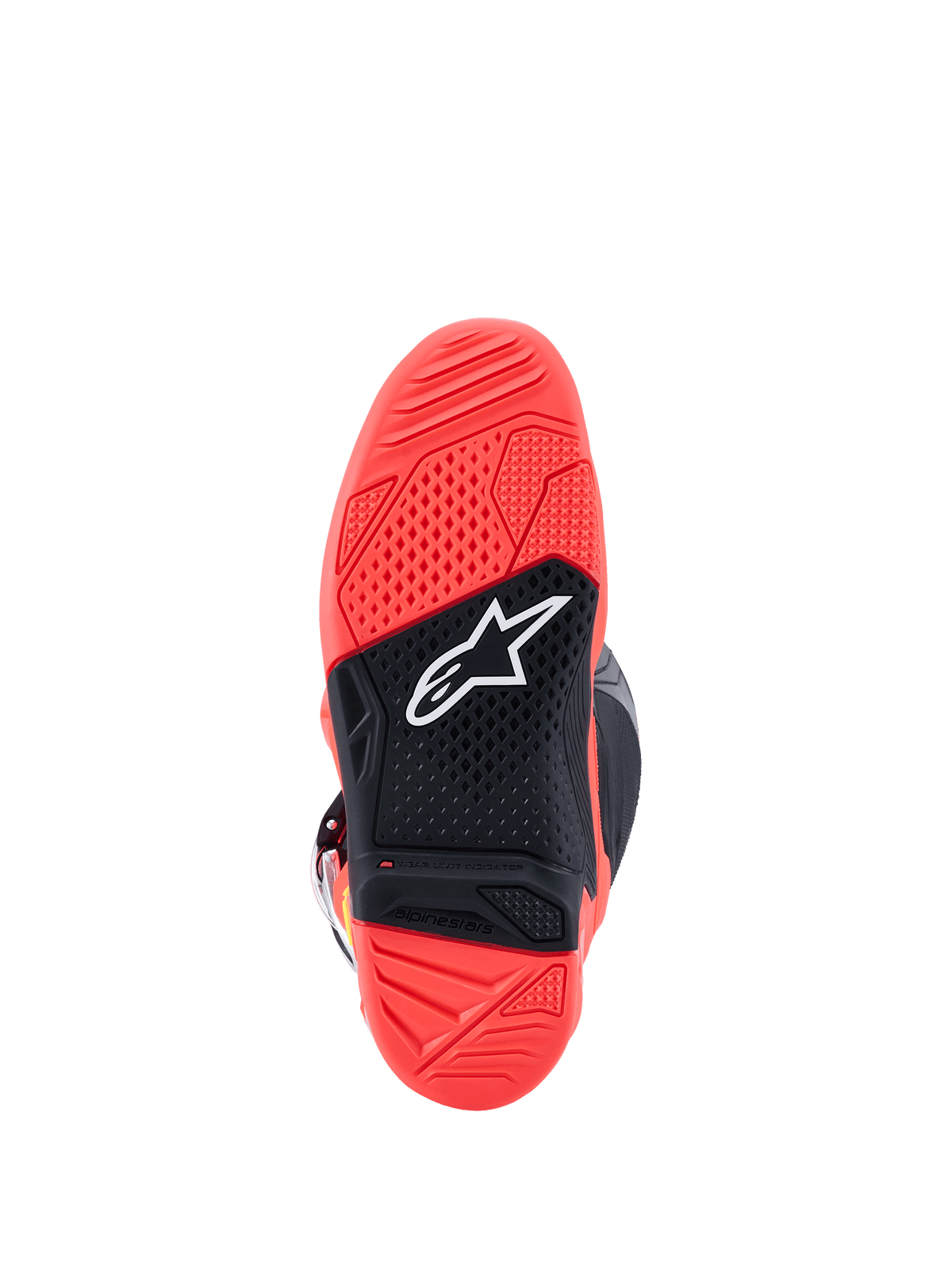 Alpinestars Tech 7 Laarzen, onderaanzicht van de zool, fel fluorescerend rood en zwart, voorzien van een getextureerde rubberen zool van dubbele samenstelling met een wit Alpinestars sterlogo en een slijtage-indicator