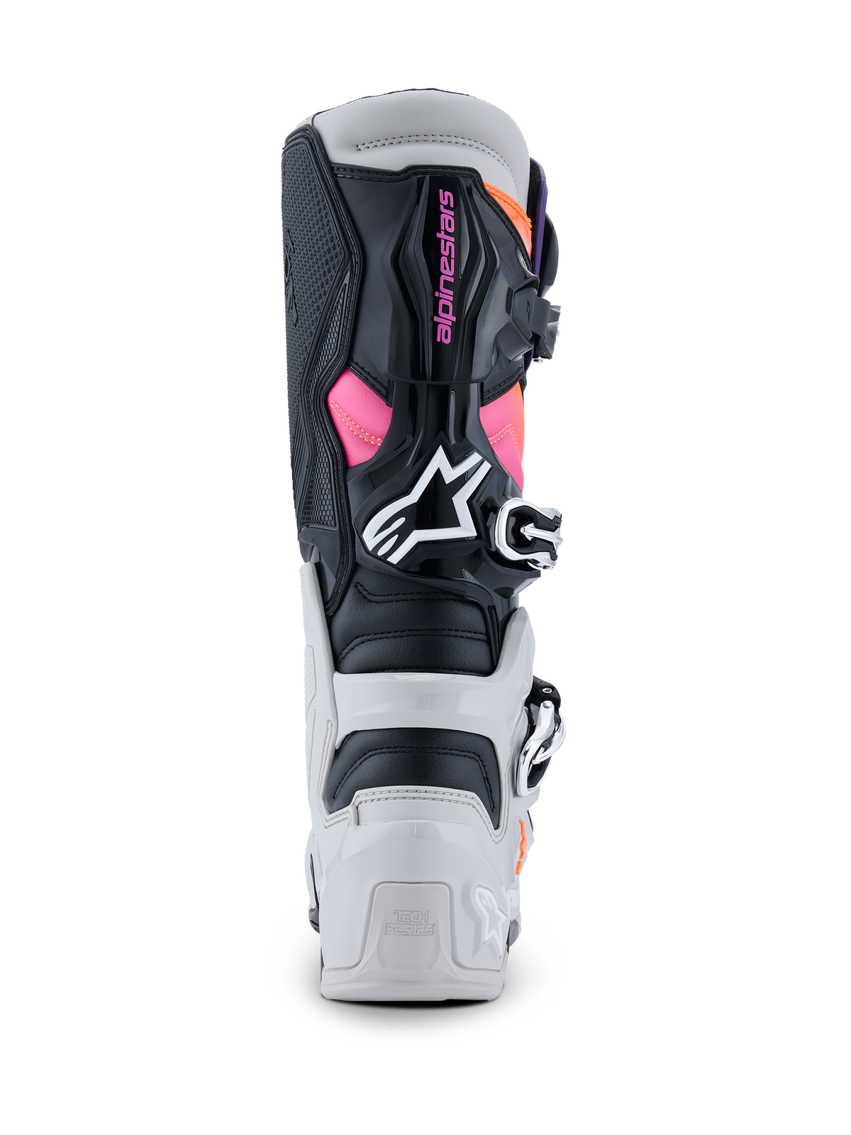 Bottes Alpinestars Tech 7, bottes de motocross, noir, gris clair, orange fluo et magenta, vue arrière montrant les protections de talon et de mollet en TPU, marquage Alpinestars rose, logo blanc et système de boucles robuste
