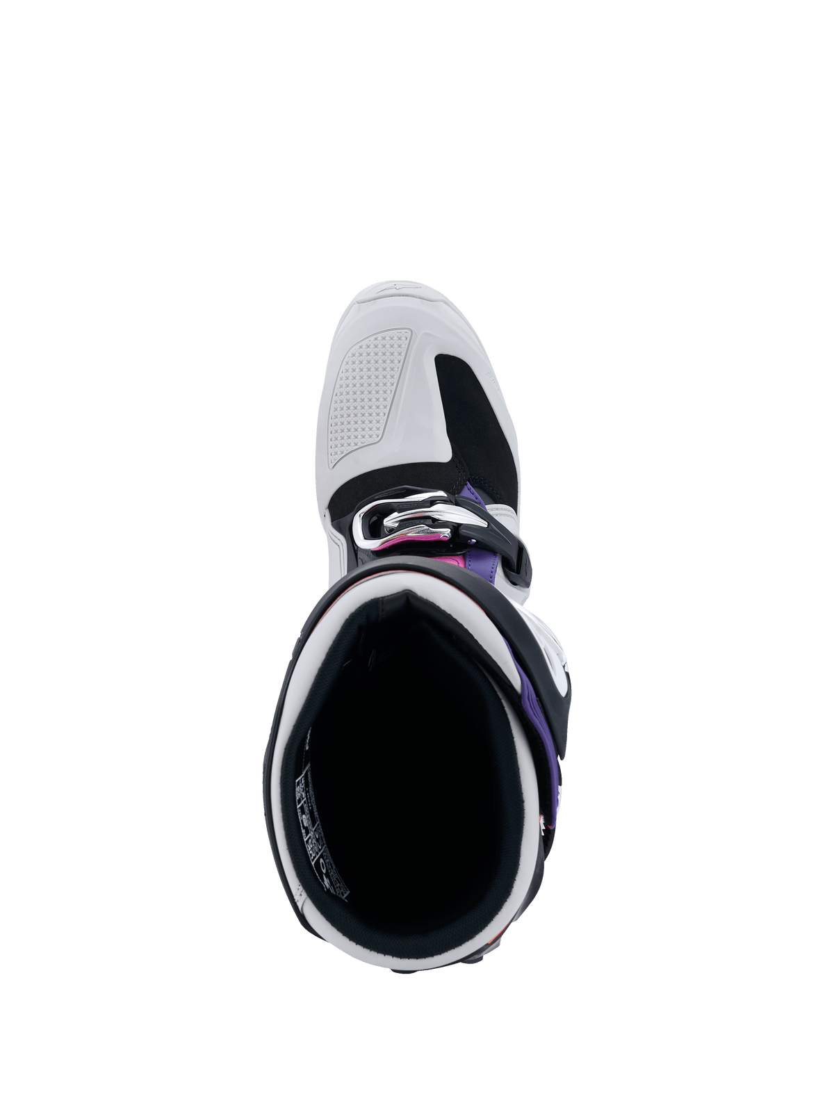 Bottes Alpinestars Tech 7, vue de dessus de l'ouverture de la botte, gris clair et noir avec accents violet et magenta, montrant le rembourrage intérieur, le système de boucles et la pointe renforcée pour la course tout-terrain