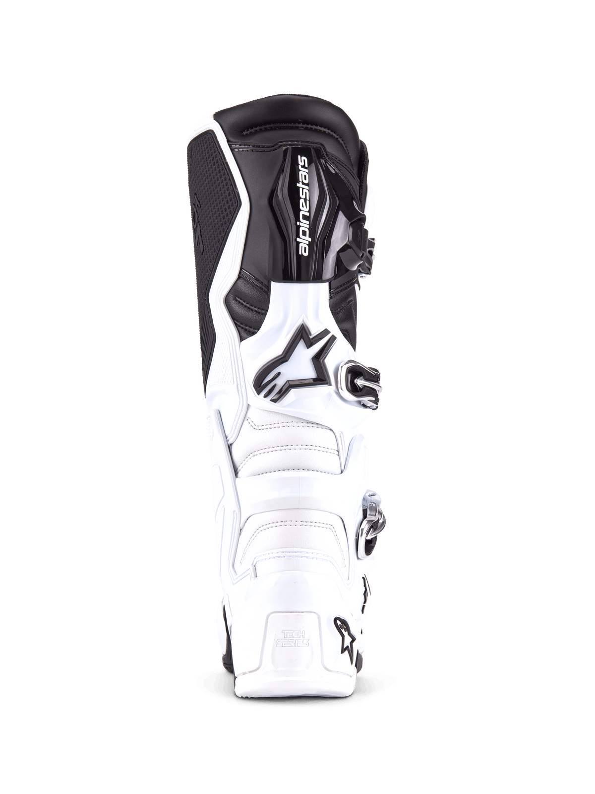 Alpinestars Tech 7 laarzen, professionele motorcrosslaarzen in wit en zwart, vooraanzicht met de versterkte scheenplaat met Alpinestars-logo, multi-gespsluitsysteem en duurzame TPU-constructie voor off-road rijden