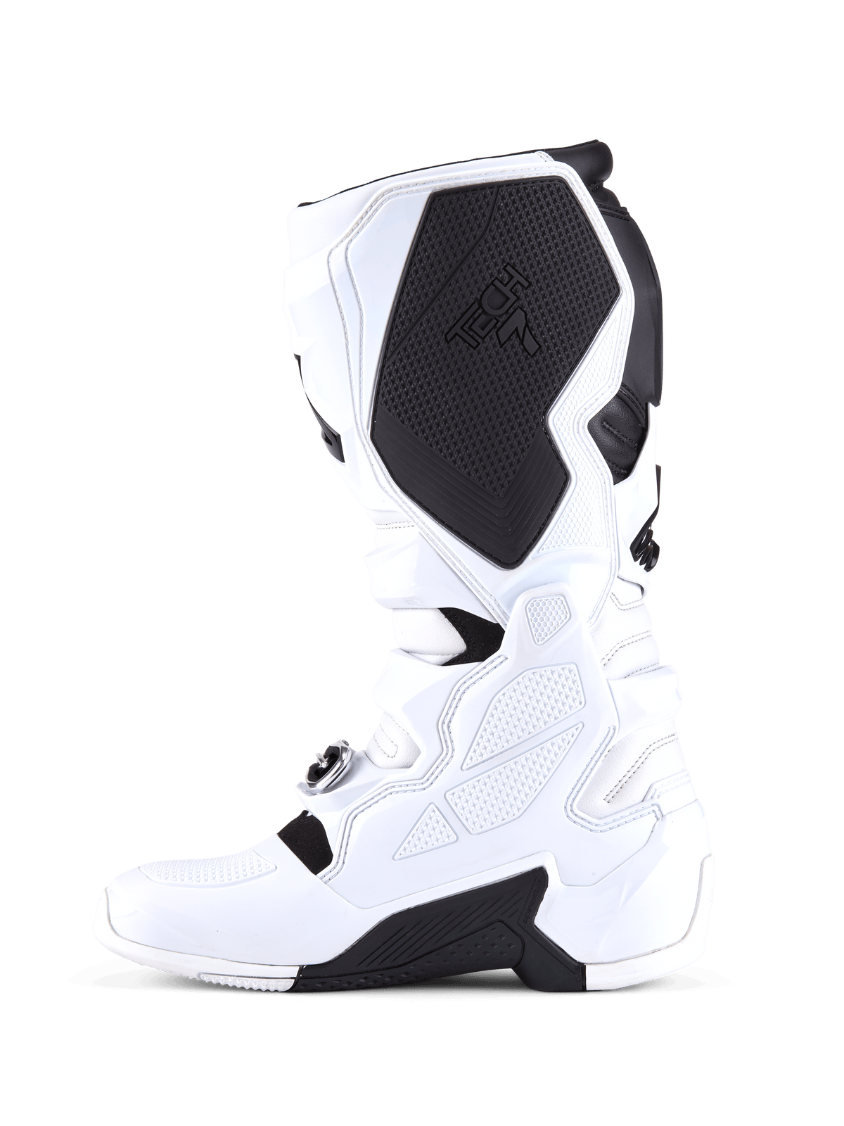 Alpinestars Tech 7 laarzen, motorcrosslaarzen, wit en zwart, mediaal zijprofiel met een groot zwart beschermend binnenpaneel op de kuit voorzien van Tech 7-branding, witte TPU-constructie en gestructureerde gripoppervlakken.
