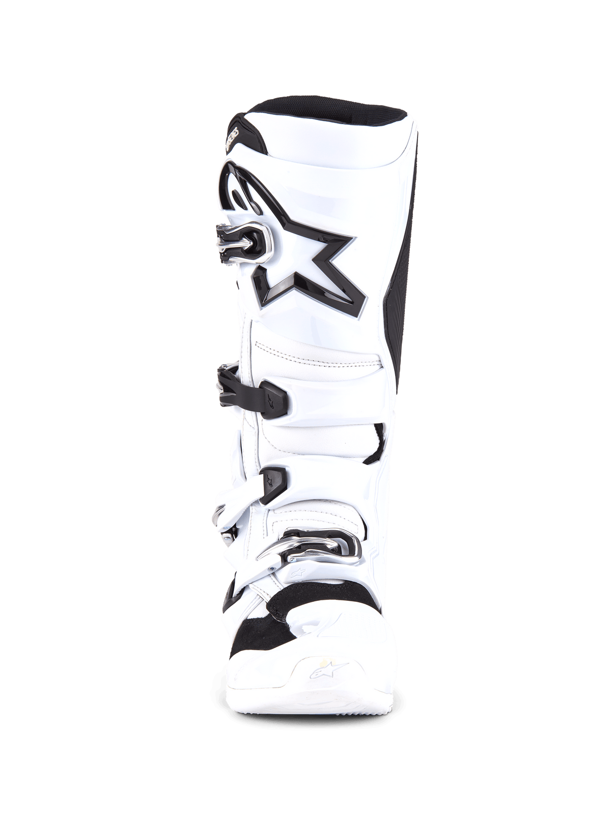 Alpinestars Tech 7 laarzen, motorcrosslaarzen, wit en zwart, vooraanzicht voorzien van een viergespsluitsysteem, groot zwart sterlogo op het scheenbeen, beschermende TPU-schaal en versterkte neus voor motorcrossraces
