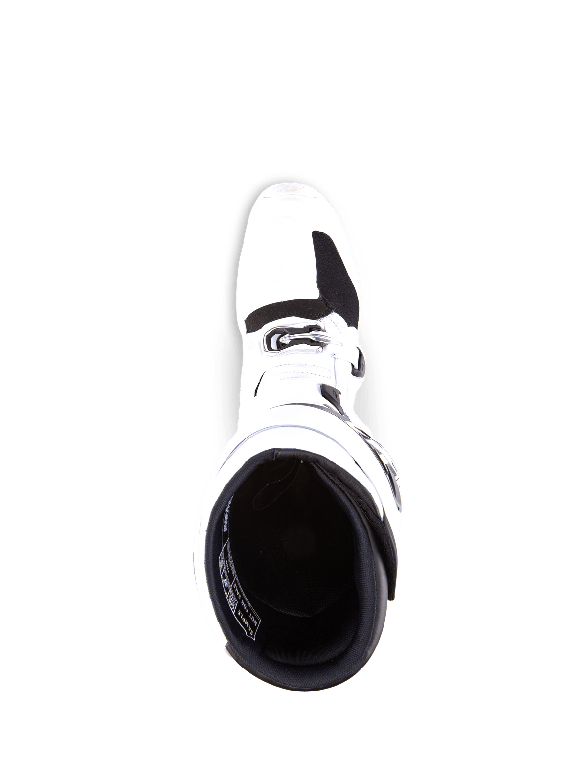 Alpinestars Tech 7 laarzen, motorcrosslaarzen, wit en zwart, bovenaanzicht met de binnenopening en de neus, duurzame TPU-constructie met gespdetails, professioneel off-road race-schoeisel