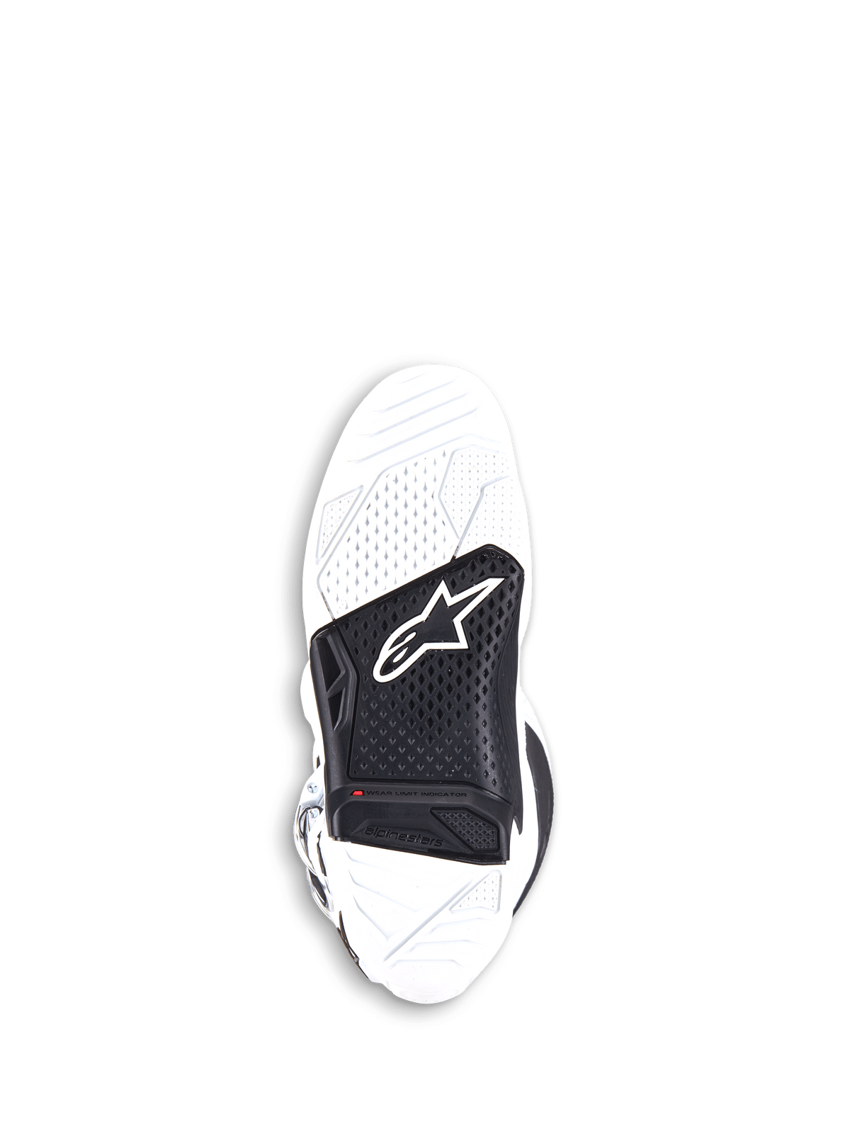 Alpinestars Tech 7 laarzen, motorcrosslaarzen, wit en zwart, onderaanzicht van de vervangbare dual-compound gevulkaniseerde rubberen zool met een zwart middenstuk voorzien van het Alpinestars-logo en een rode slijtage-indicator.