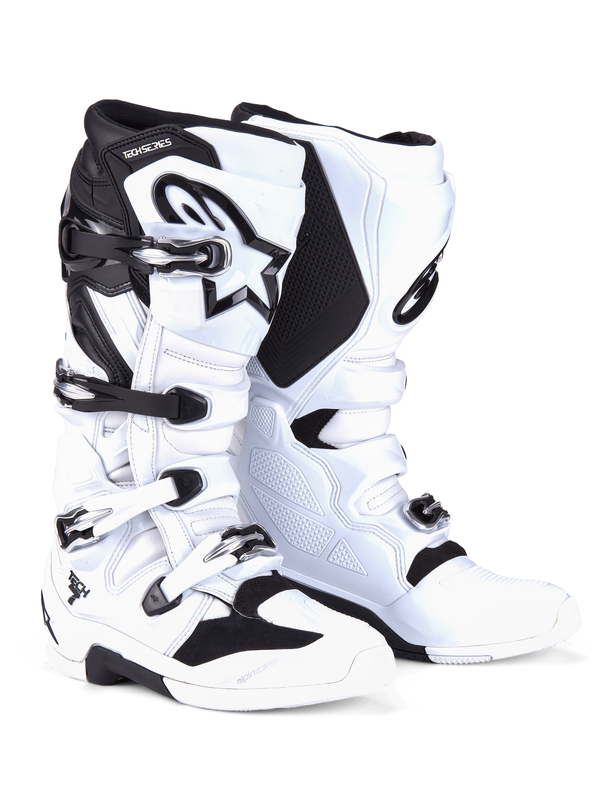Alpinestars Tech 7 laarzen, motorcrosslaarzen, wit en zwart, voorzien van een sluitsysteem met vier gespen met zilveren en zwarte details, opvallend Alpinestars-logo op de scheenplaat en versterkte TPU-panelen voor off-road bescherming.