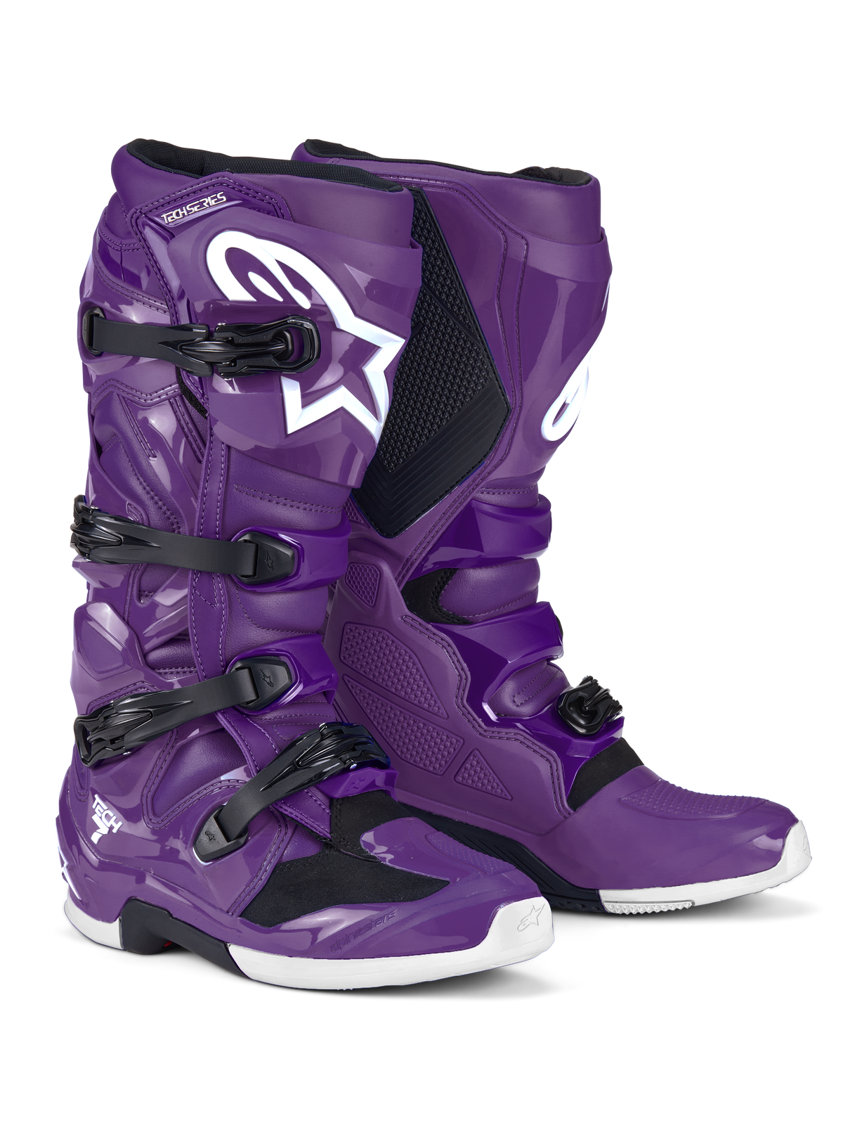 Alpinestars Tech 7 laarzen, motorcrosslaarzen, paars, met zwarte gespen en een groot wit Astars-logo, hoogwaardig beschermend ontwerp met een sluiting met vier riemen en duurzame TPU-schaal voor off-road racing